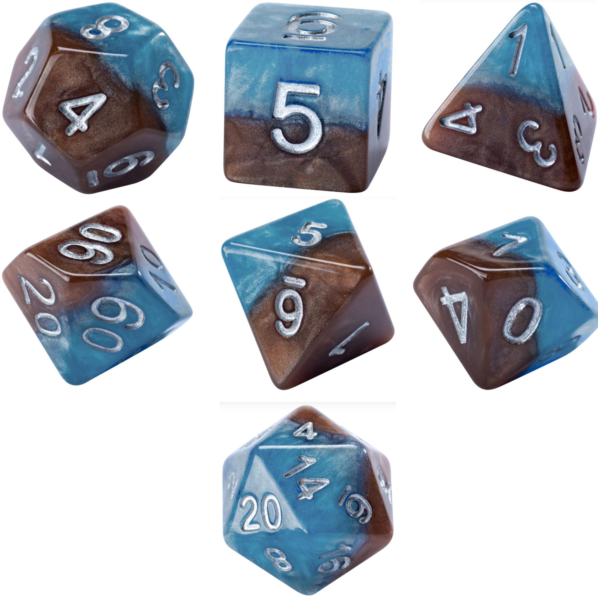 Gate Keeper Games and Dice: Halfsies Dice: Earth Elemental - 7pc Set, Cerulean Blue & Brown, Pearlescent Swirl, 7 Resin Dice for Role Playing Games