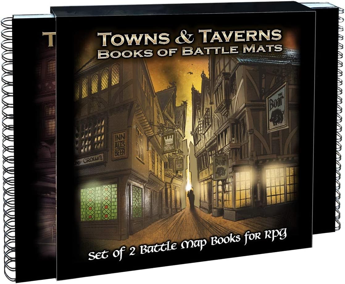 Towns and Taverns Books of Battle Mats by Loke | Modular Fantasy RPG Map Book Set with Lay-Flat Wipe-Clean Pages | Dual Slipcase for DND Pathfinder and Tabletop RPGs | Reusable Surfaces