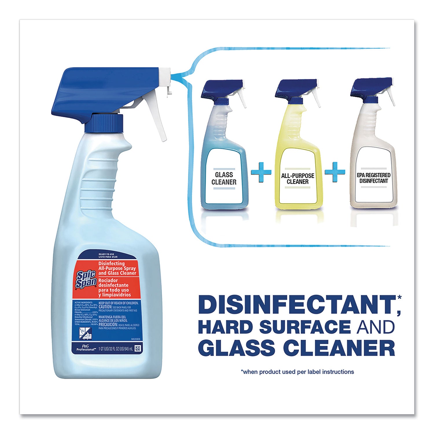 Spic and Span 3-in-1 All-Purpose Glass Cleaner, Concentrate, Fresh Scent, Light Blue, 128 fl oz (4 quart) Bottles, 3 per Carton