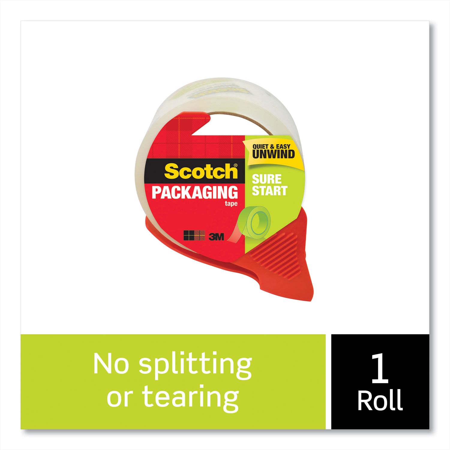 Scotch Sure Start Packaging Tape - 38.20 yd Length x 1.88" Width x 2.6 mil Thickness - 3" Core - Clear - Synthetic Rubber Backing - Dispenser Included - Handheld Dispenser - Breakage Resistance - For Mailing, Moving, Packing, Sealing - 1 Roll