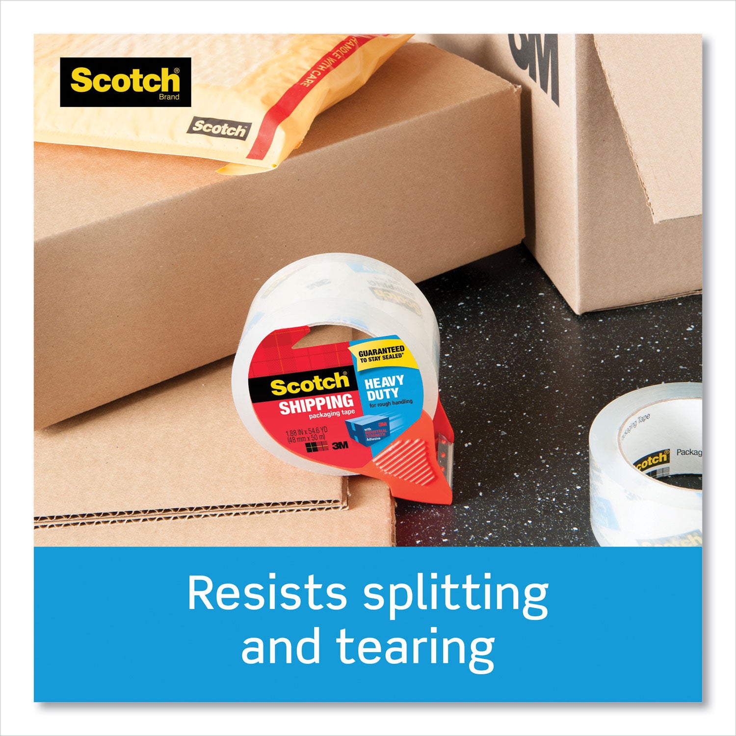 Scotch Heavy-Duty Shipping/Packaging Tape, 1.88" x 54.60 yd, 3.1 mil Thickness, Clear, 3" Core, Synthetic Rubber Resin, Dispenser Included, 4 Pack