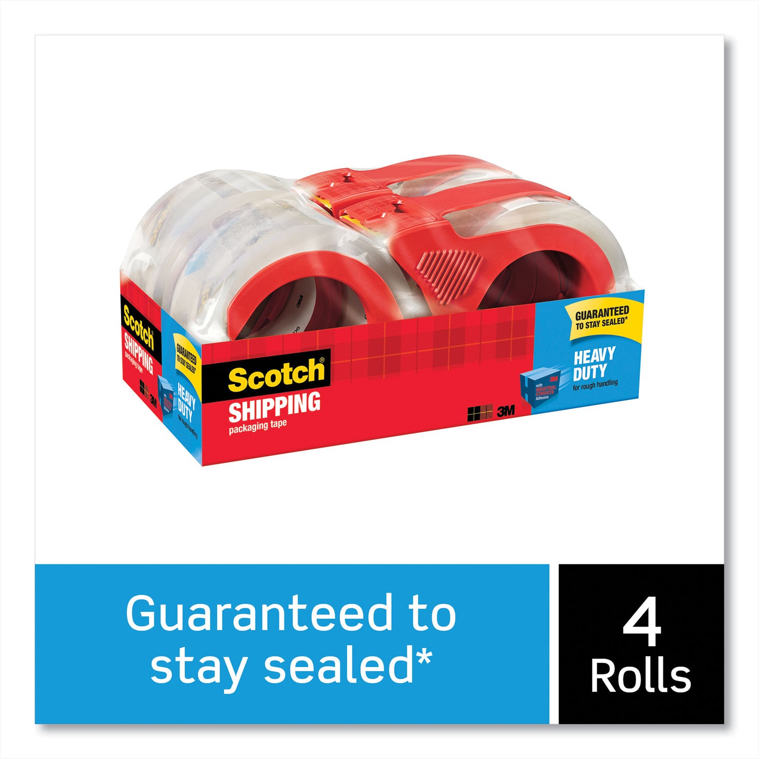 Scotch Heavy-Duty Shipping/Packaging Tape, 1.88" x 54.60 yd, 3.1 mil Thickness, Clear, 3" Core, Synthetic Rubber Resin, Dispenser Included, 4 Pack