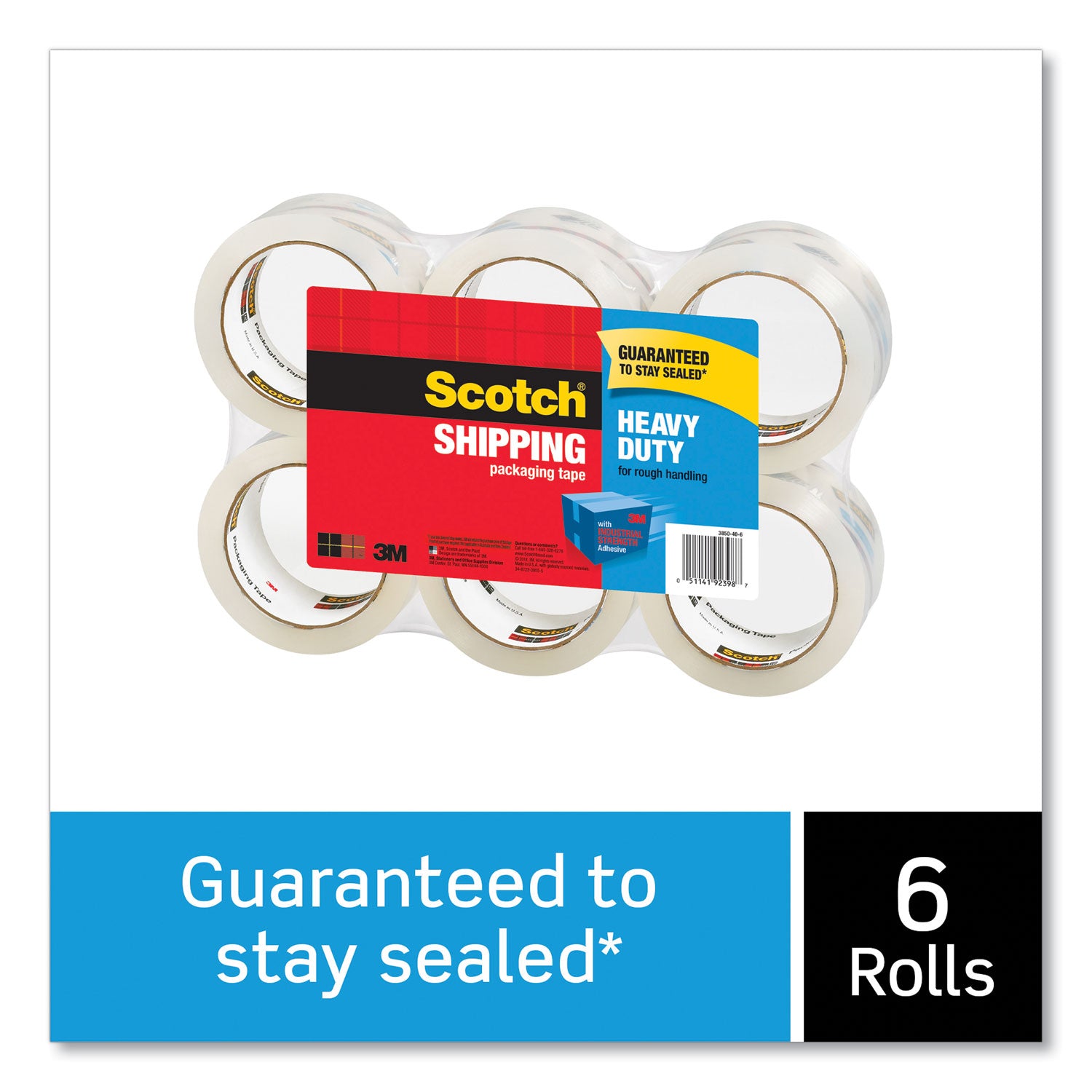 Scotch Heavy-Duty Shipping/Packaging Tape, 1.88" x 54.60 yd, 3.1 mil Thickness, 3" Core, Clear, 6 Pack