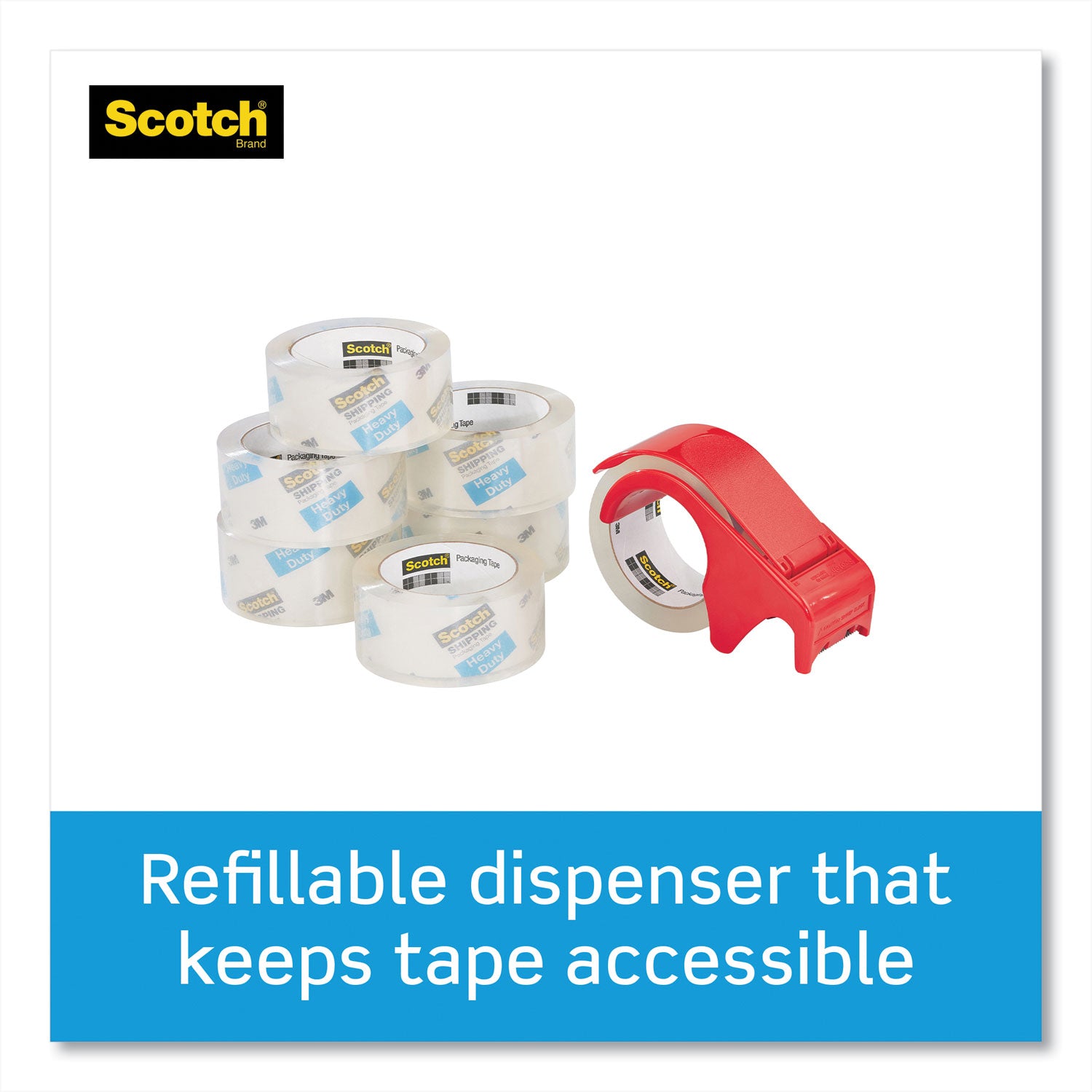 Scotch Heavy-Duty Shipping/Packaging Tape, 1.88" x 54.60 yd, 3.1 mil Thick, 3" Core, Clear, Synthetic Rubber Resin, Dispenser Included, 1 Pack