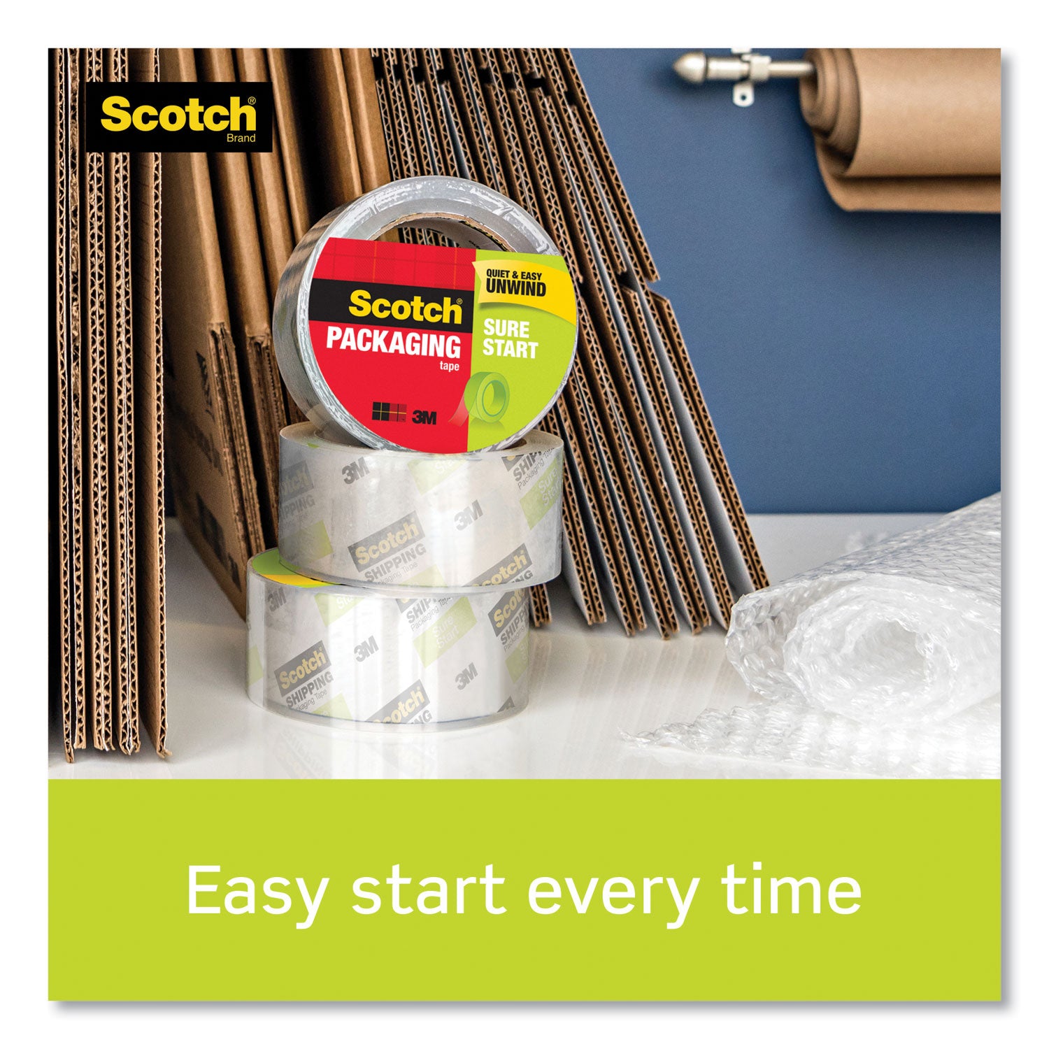 Scotch Sure Start Packaging Tape - 38.20 yd Length x 1.88" Width x 2.6 mil Thickness - 3" Core - Clear - Synthetic Rubber Backing - Dispenser Included - Handheld Dispenser - Breakage Resistance - For Mailing, Moving, Packing, Sealing - 1 Roll