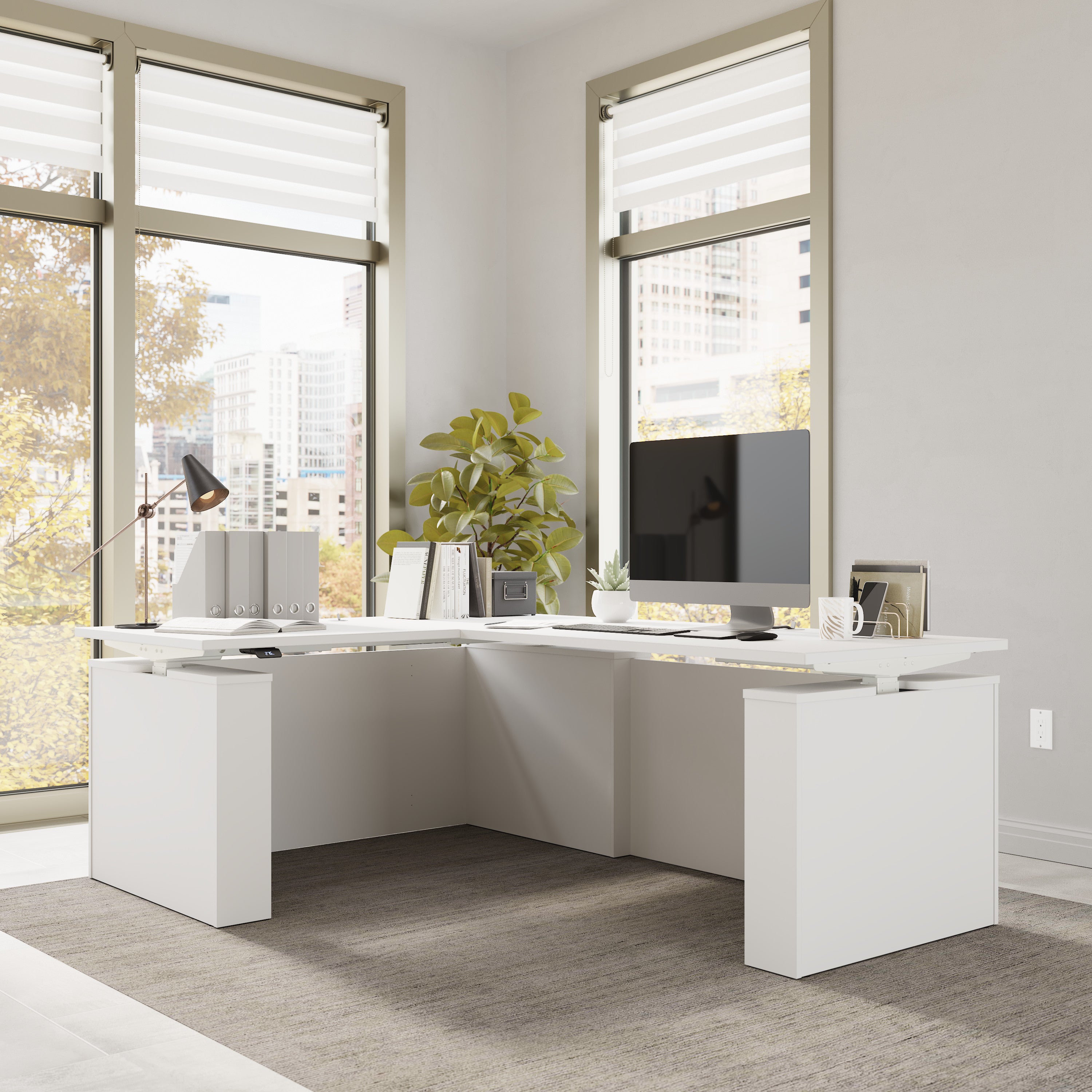 Bush Business Furniture Stratus&nbsp;60W x&nbsp;78D Electric Height Adjustable L Shaped Standing Desk White with White Base - 59.45" Width x 76.97" Depth x 27.44" Height