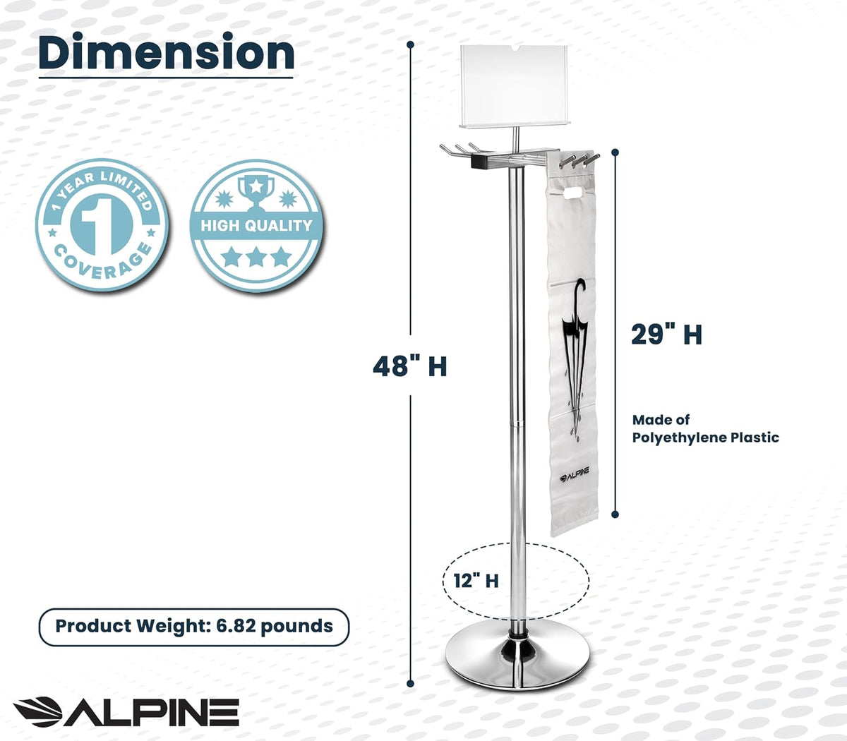 Alpine Industries Wet Umbrella Bag Wrapper Stand with 100 Long Bags