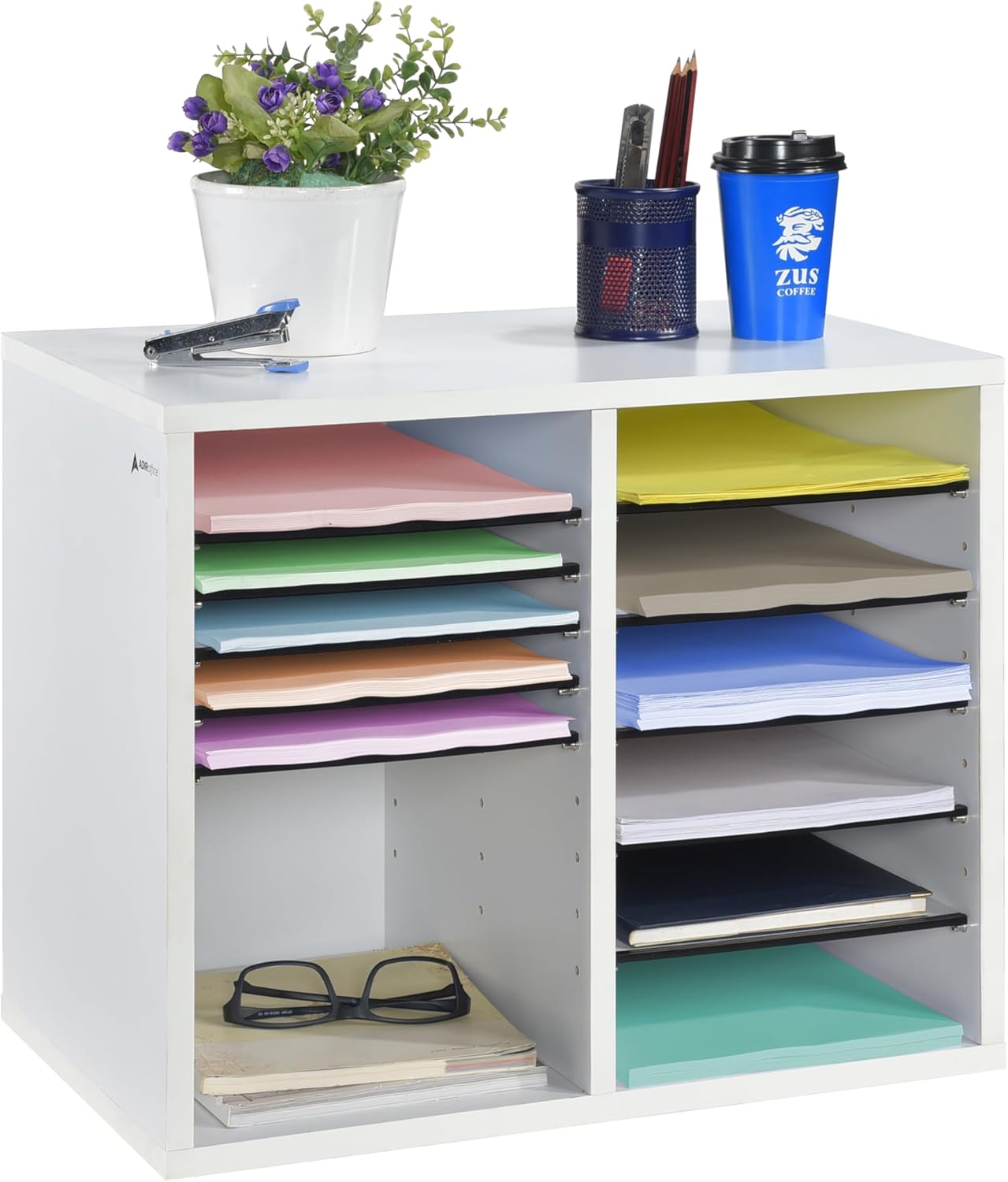 12-Compartment Wood Adjustable Paper Sorter Literature File Organizer, White