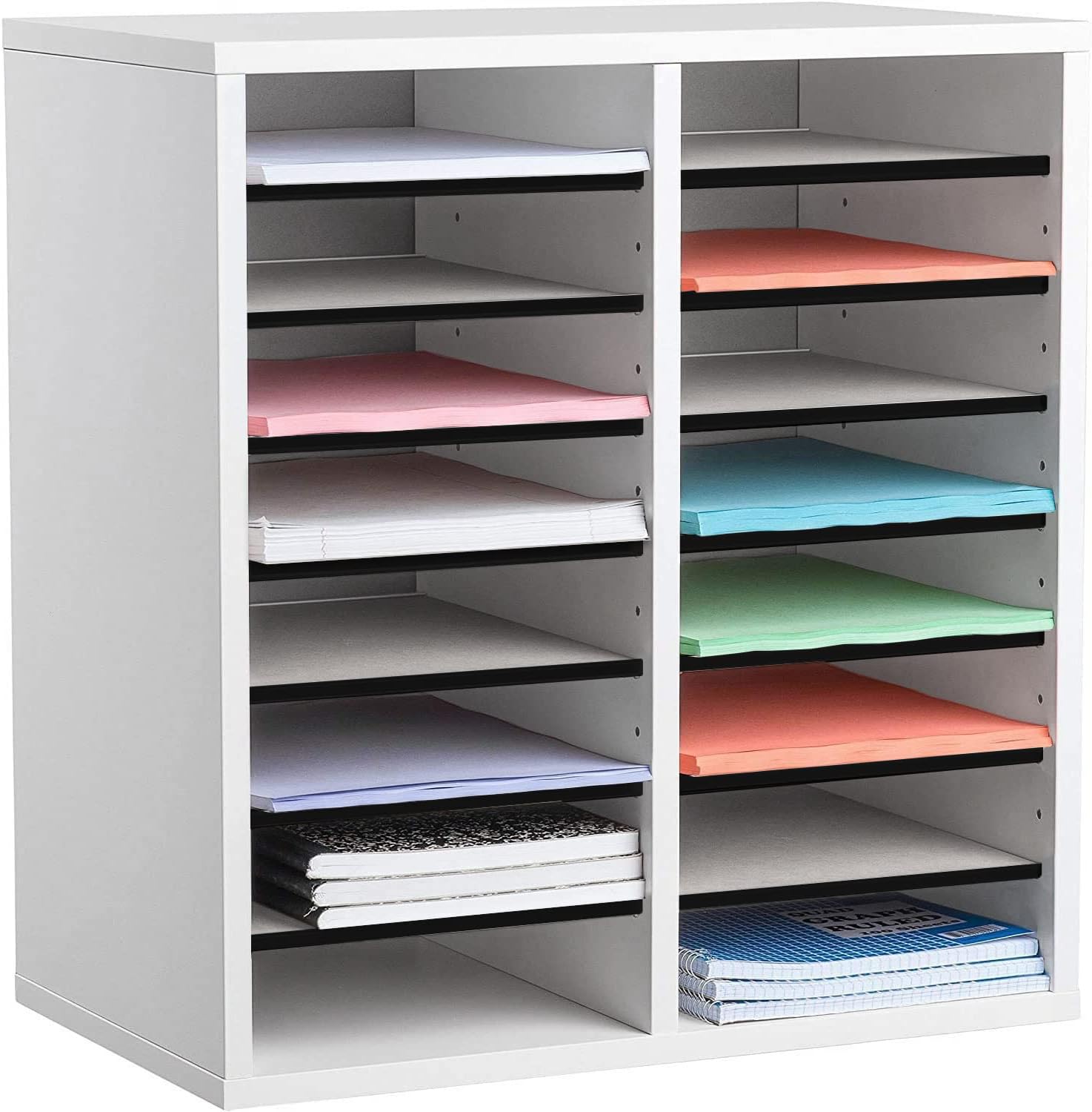 16-Compartment Wood Adjustable Paper Sorter Literature File Organizer, White