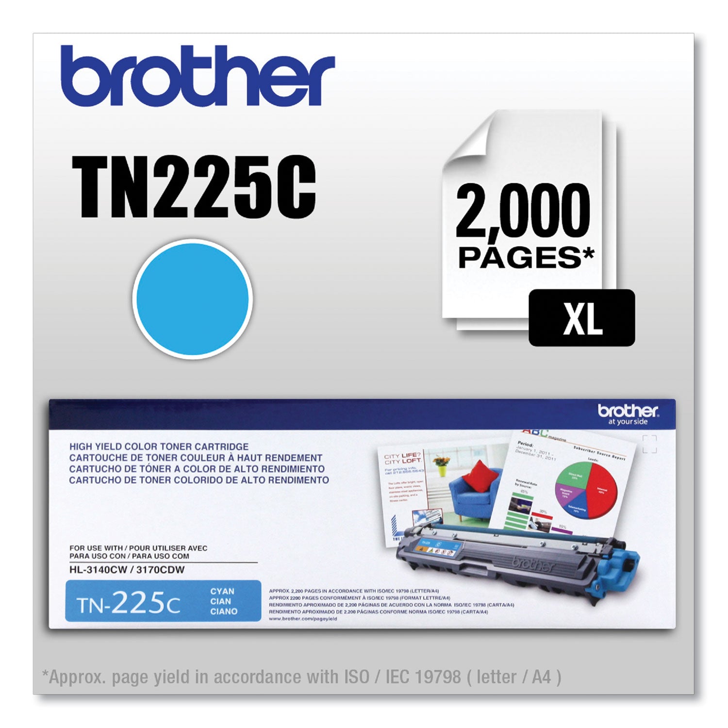 Brother TN225C Original High Yield Laser Toner Cartridge - Cyan - 1 Each