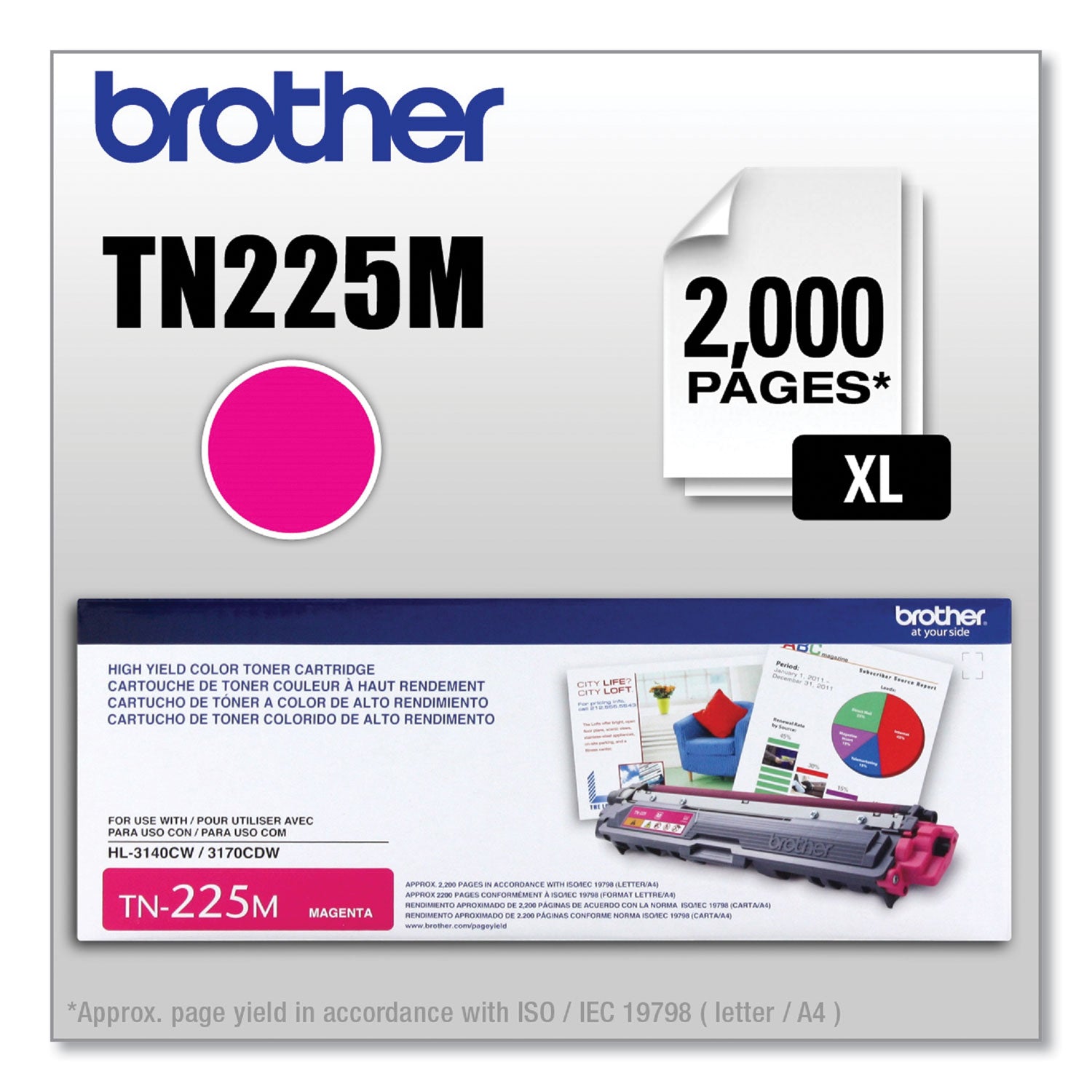 Brother TN225M Original High Yield Laser Toner Cartridge - Magenta - 1 Each