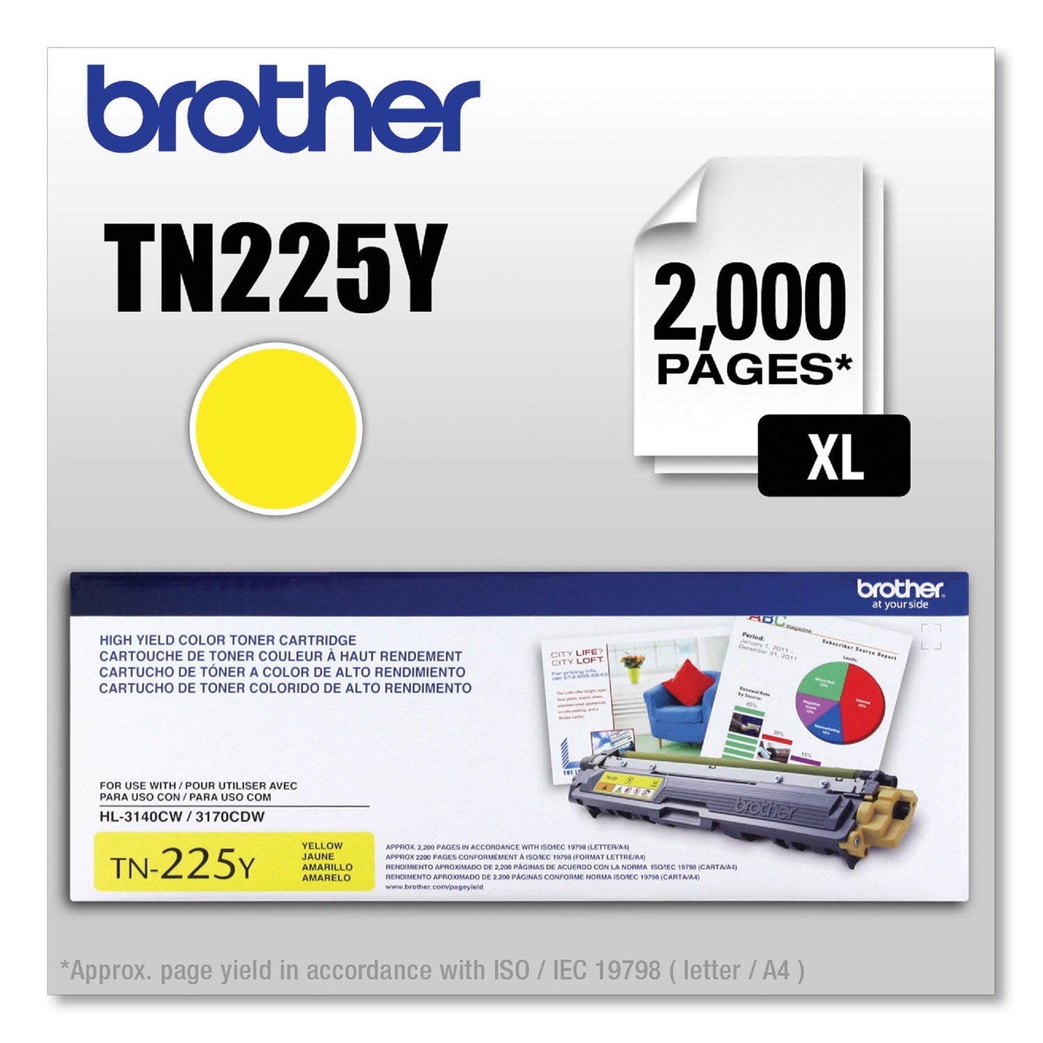 Brother TN225Y Original High Yield Laser Toner Cartridge - Yellow - 1 Each