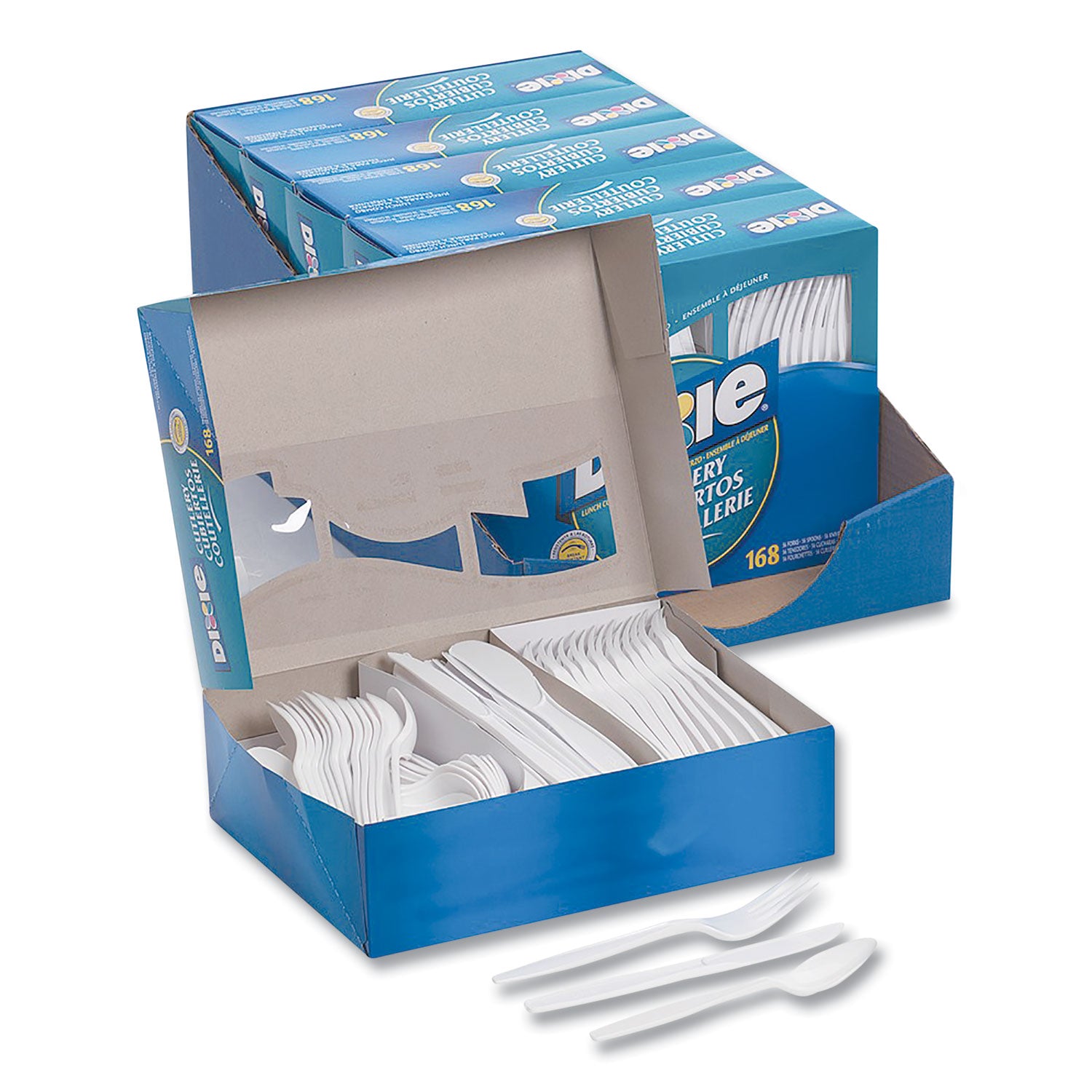 Dixie Heavyweight Disposable Forks, Knives & Spoons Combo Boxes by GP Pro - Cutlery Set - 56 x Spoon - 56 x Fork - 56 x Knife - White - 168 / Box