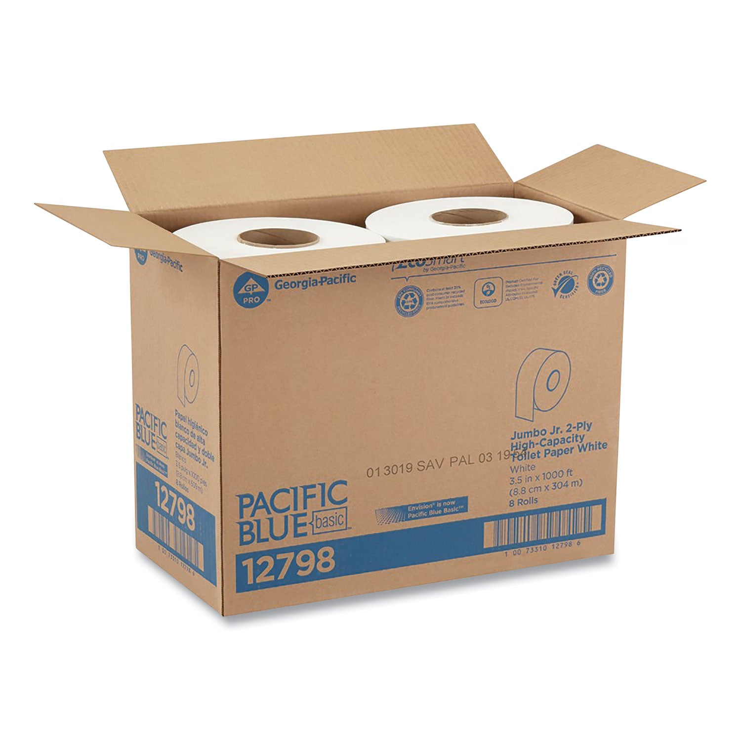 Pacific Blue Basic Jumbo Jr. High-Capacity Toilet Paper - 2 Ply - 3.50" Width x 1000 ft Length - White - Fiber - 8 / Carton