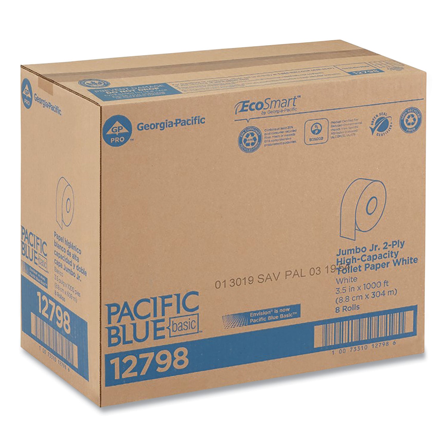 Pacific Blue Basic Jumbo Jr. High-Capacity Toilet Paper - 2 Ply - 3.50" Width x 1000 ft Length - White - Fiber - 8 / Carton
