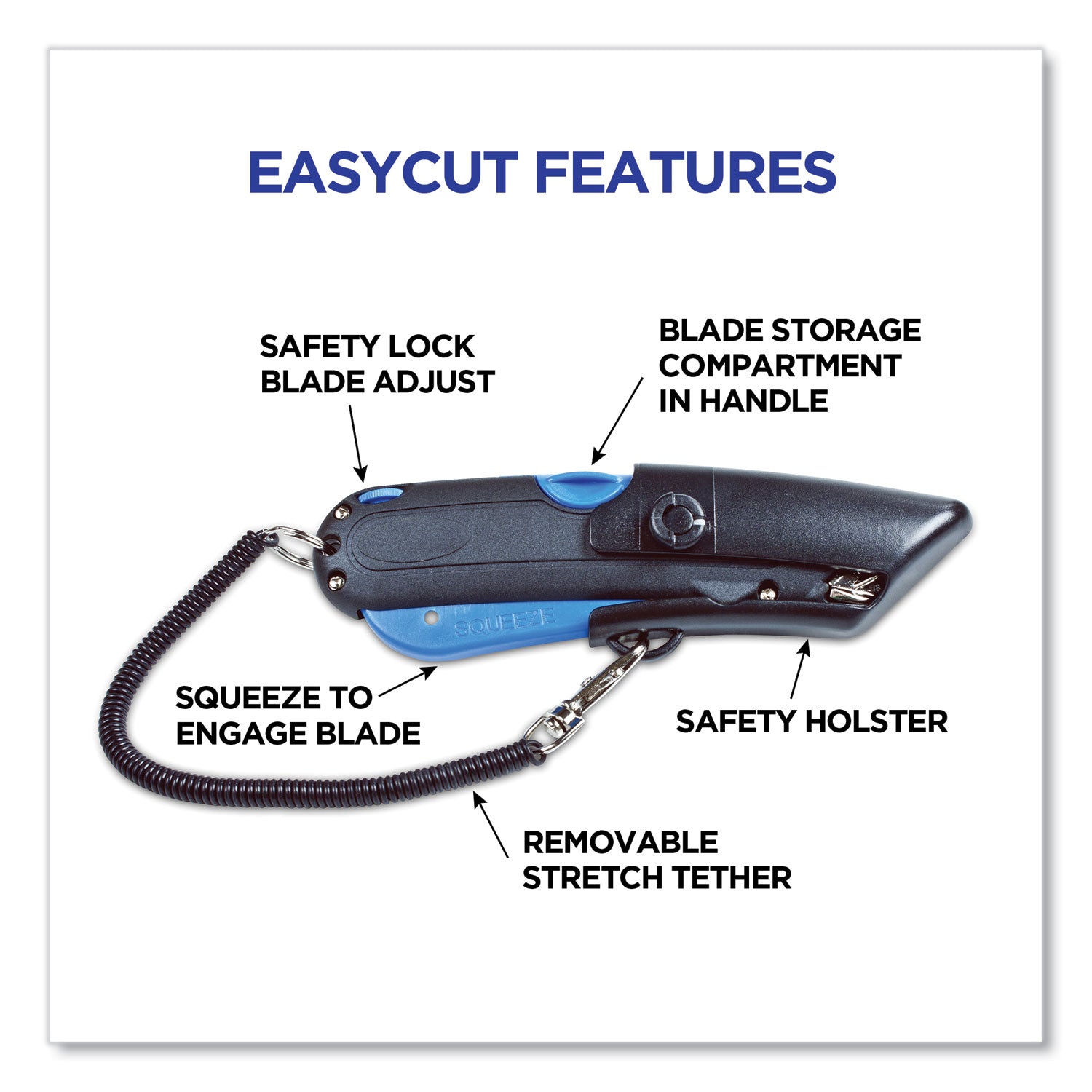 3 Blade - Retractable, Lanyard - Black, Blue - 1 Each