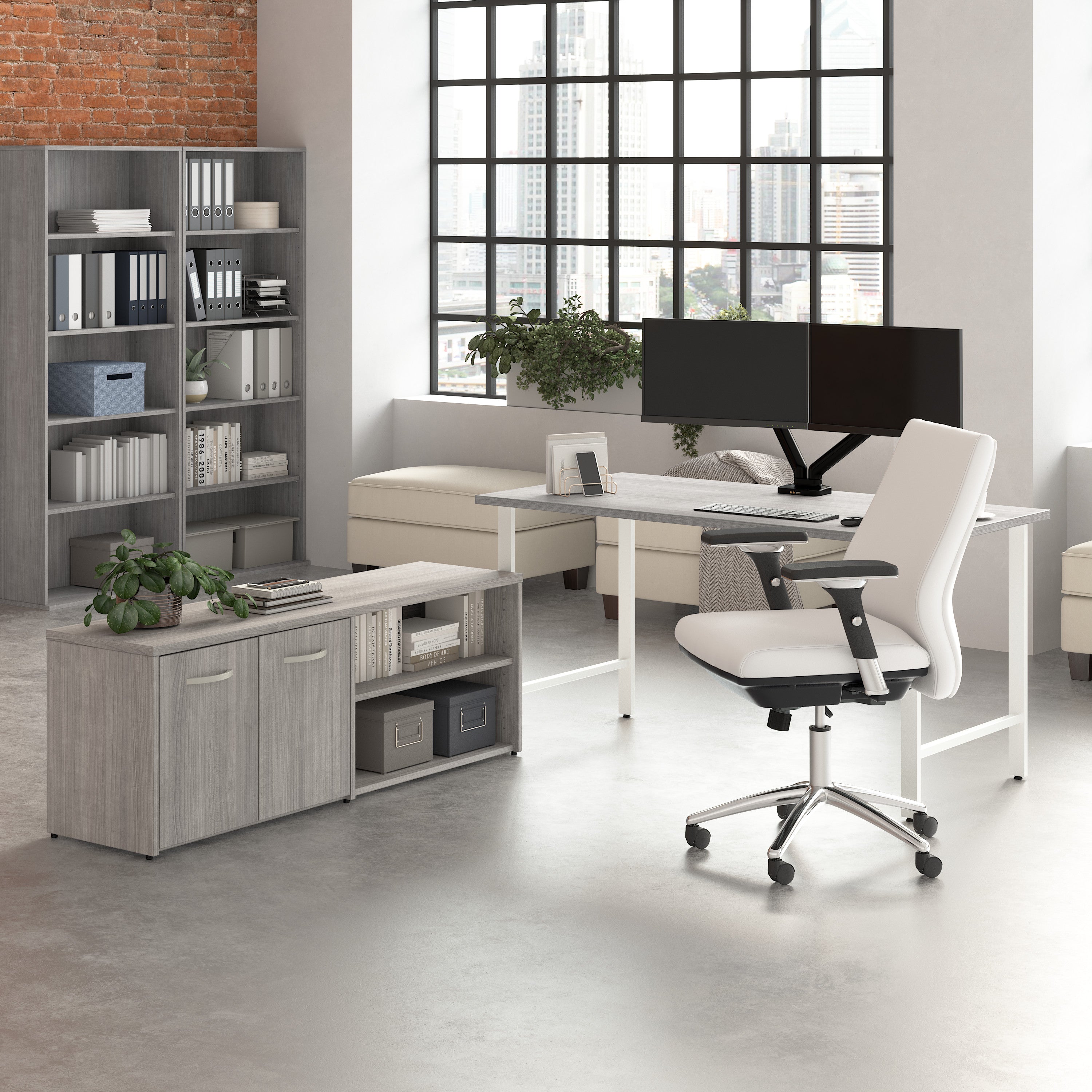 Bush Business Furniture Hustle 60W x 30D Computer Desk and Low Storage Cabinet with Doors and Shelves in Platinum Gray - 59.44" Width x 88.54" Depth x 30.07" Height