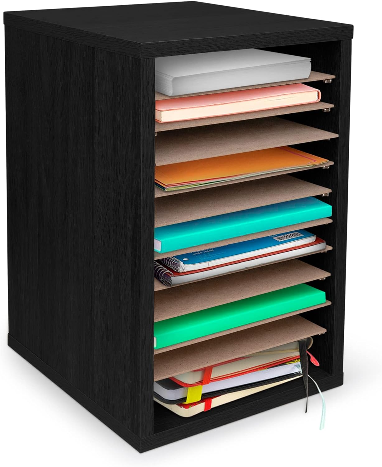 11-Compartment Wood Adjustable Vertical Paper Sorter Literature File Organizer, Black