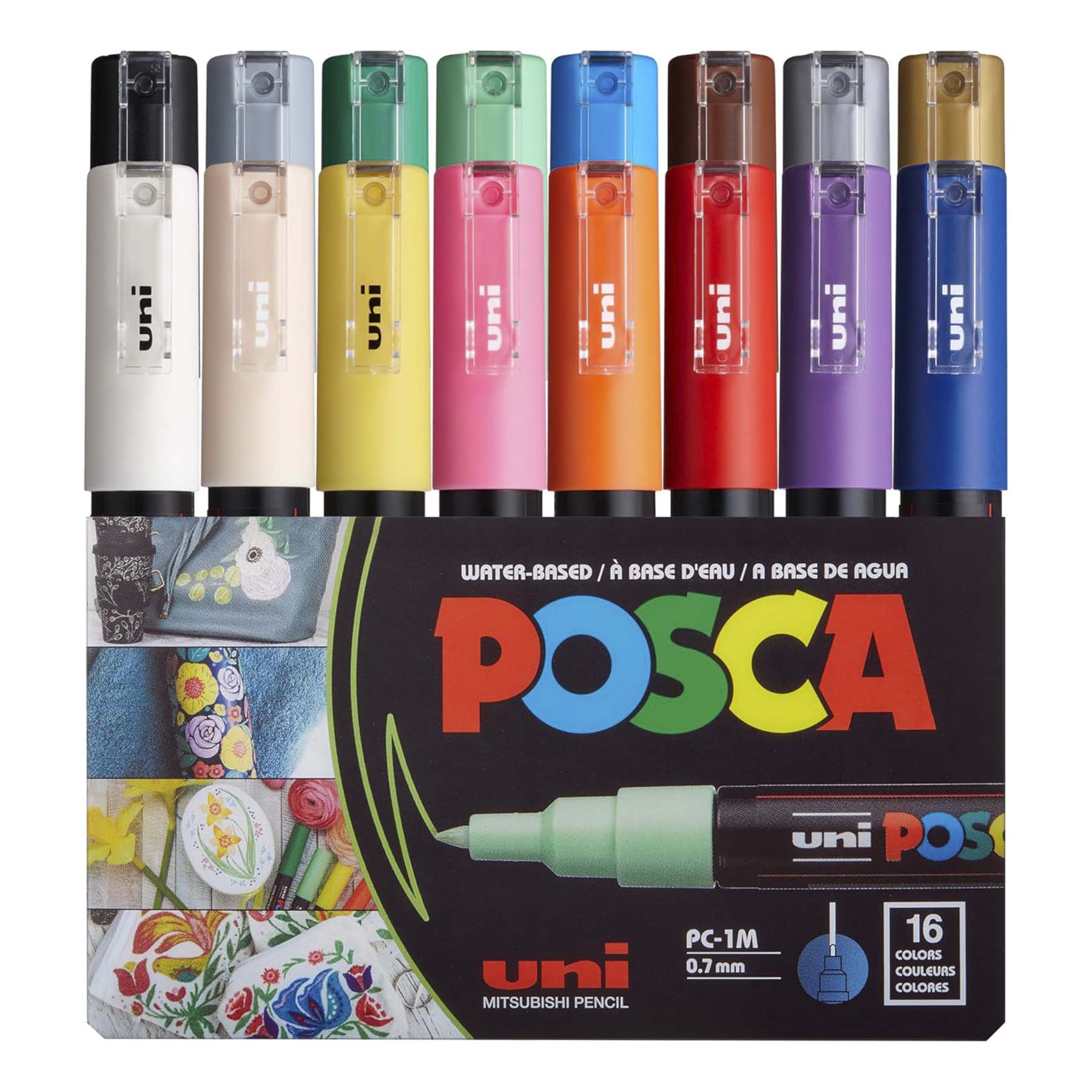 uni® POSCA PC-1M Water-Based Paint Markers, Extra Fine Tip (0.7mm), Assorted Colors, 16 Pack