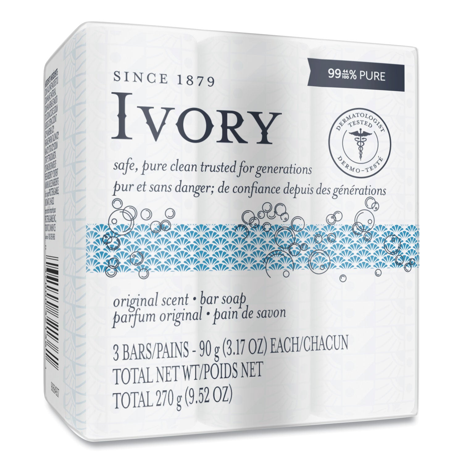 Ivory Bar Soap - Ivory-clean Scent - 3.10 oz - Dirt Remover, Oil Remover - Skin - White - Non-clog - 3 / Pack