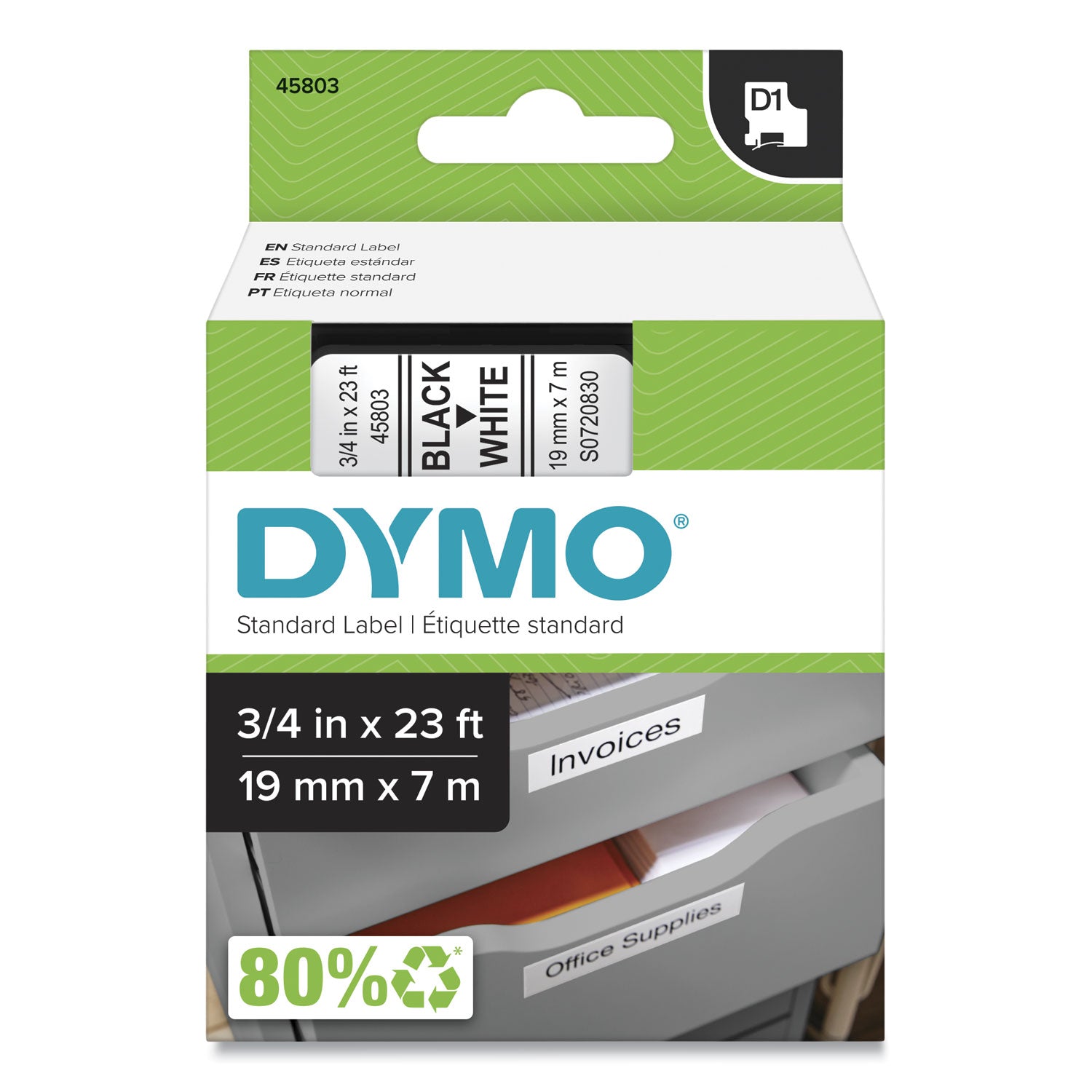 Dymo D1 Electronic Tape Cartridge - 3/4" Width - Thermal Transfer - White - Polyester - 1 Each
