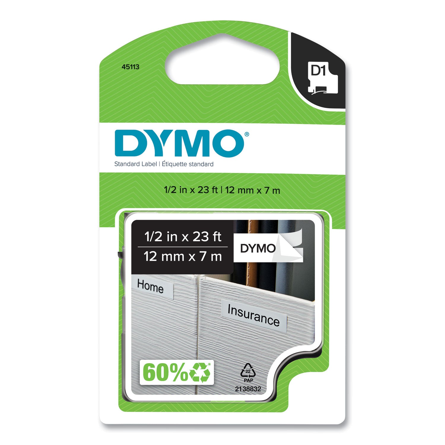 Dymo D1 Electronic Tape Cartridge, 1/2" x 23 ft, Removable Adhesive, White with Black Text, Easy Peel, Durable, 1 Each