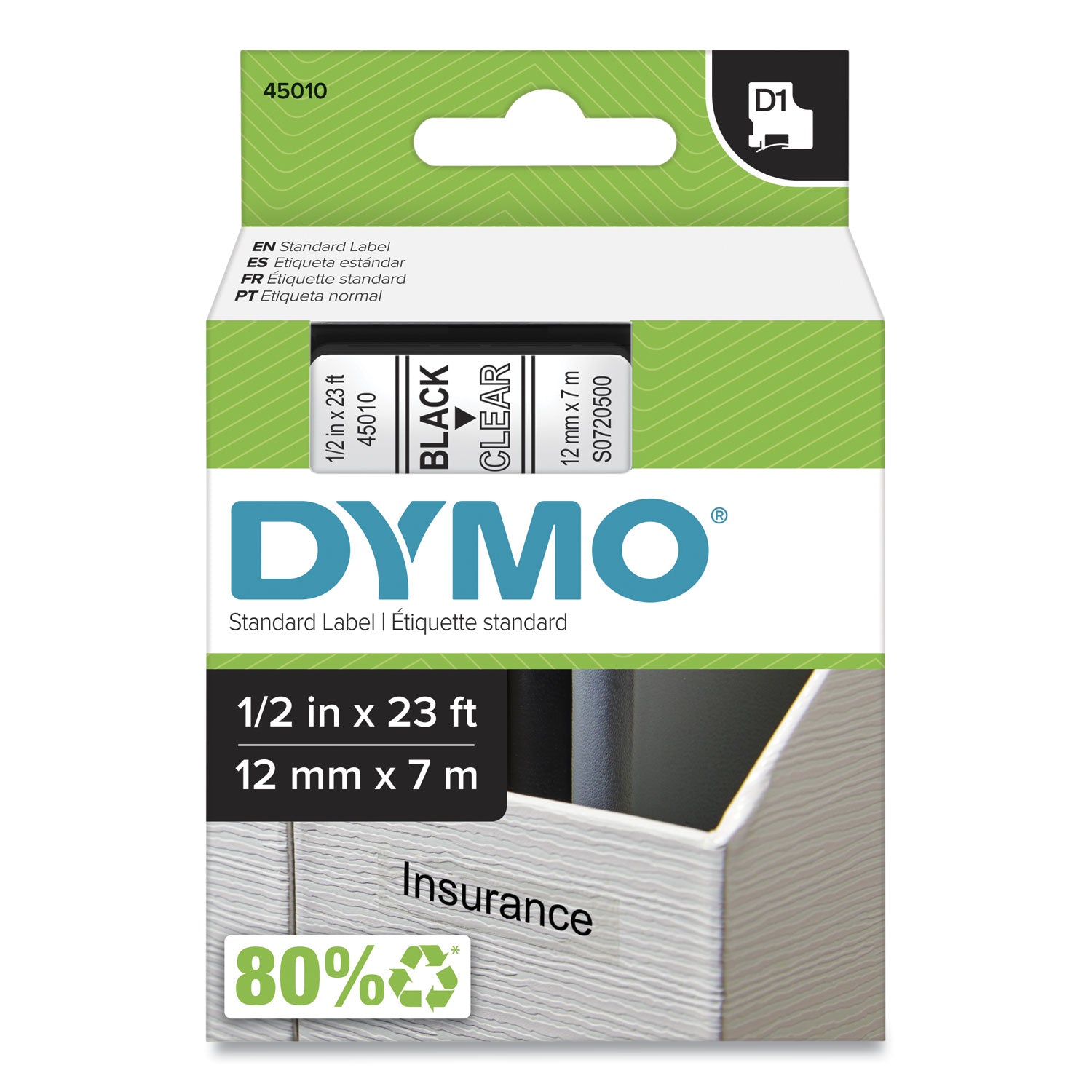 Dymo D1 Electronic Tape Cartridge - 1/2" Width x 23 ft Length - Rectangle - Thermal Transfer - Clear - Polyester - Scratch Resistant, Chemical Resistant - 1 Each