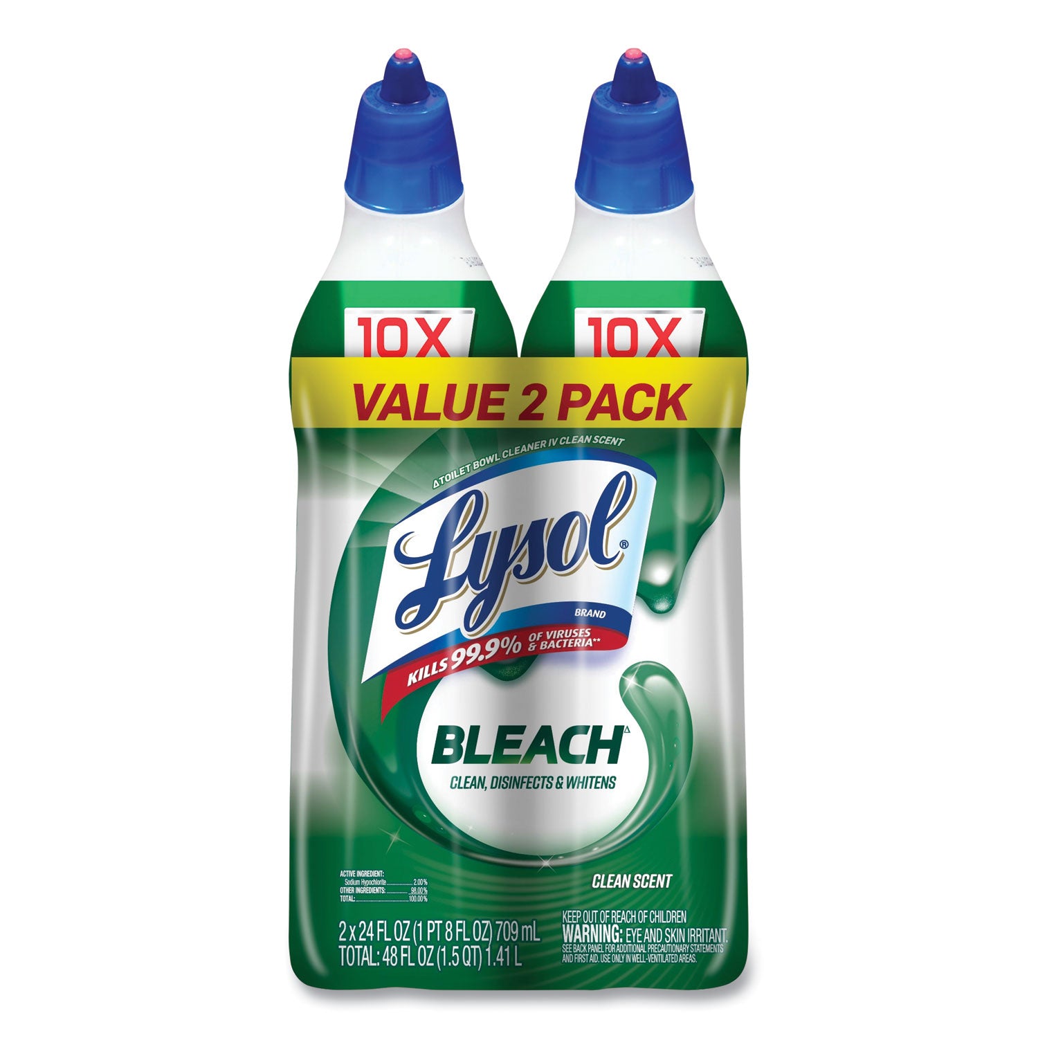 Lysol Bleach Toilet Bowl Cleaner - 24 fl oz (0.8 quart) - Disinfectant, Deodorize - Blue Bottle - 2 / Pack