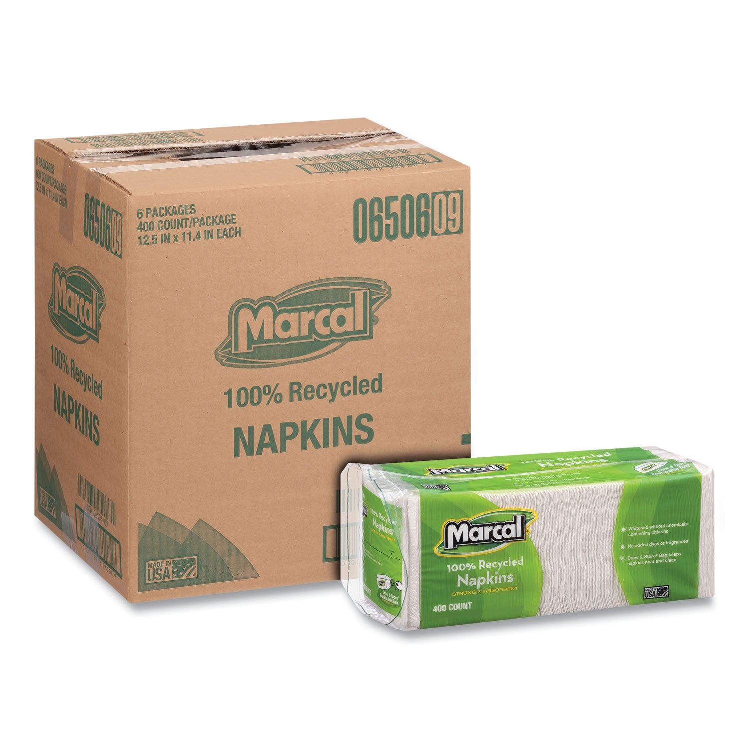 Marcal 100% Recycled Luncheon Napkins - 1 Ply - 12.50" Width x 11.40" Length - White - Paper - 400 / Pack