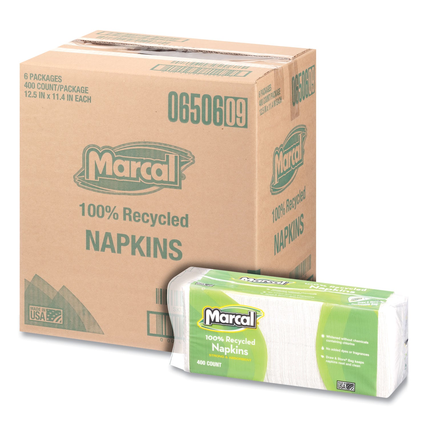 Marcal 100% Recycled Luncheon Napkins - 1 Ply - 12.50" Width x 11.40" Length - White - Paper - 400 / Pack