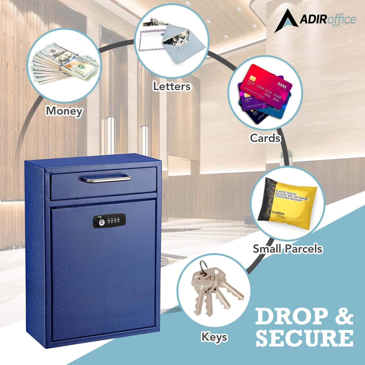 Blue Large Drop Box Wall Mounted Locking Mail Box with Key and Combination lock with Suggestion Cards