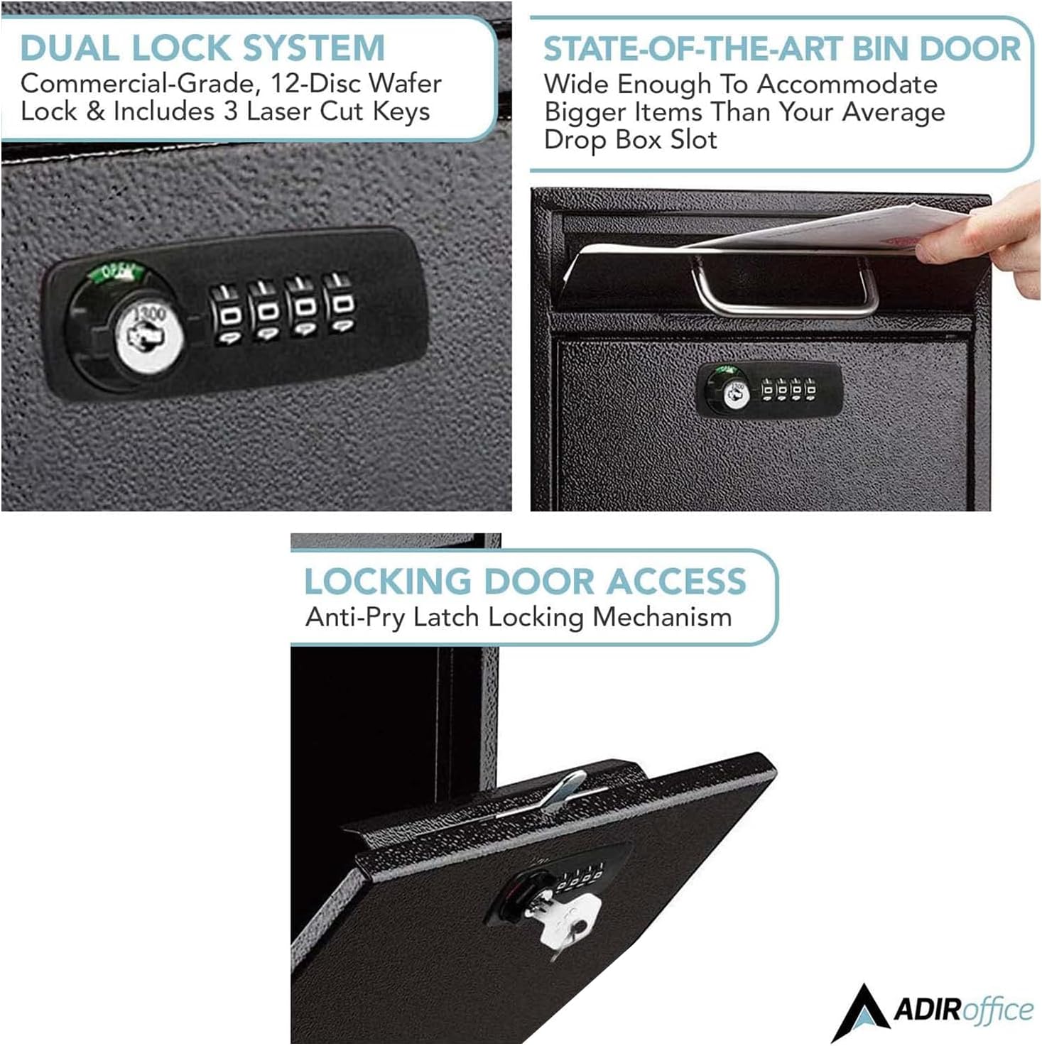 Black Large Drop Box Wall Mounted Locking Mail Box with Key and Combination lock with Suggestion Cards