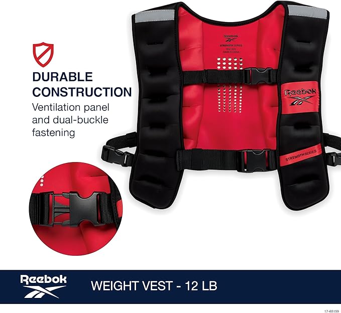 Reebok 12 lb Weighted Vest Premium Adjustable Strength Training Vest with Reflective Trim for Full-Body Workouts, Cardio, Running & Rehabilitation – Comfort Fit, Durable Material
