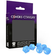 Modiphius Entertainment: Cohors Cthulhu RPG: Atlantean Crystal Dice Pack - 6 Piece Set, Blue & White, 2X d20, 4X d6, Hidden War Emblems, Accessory