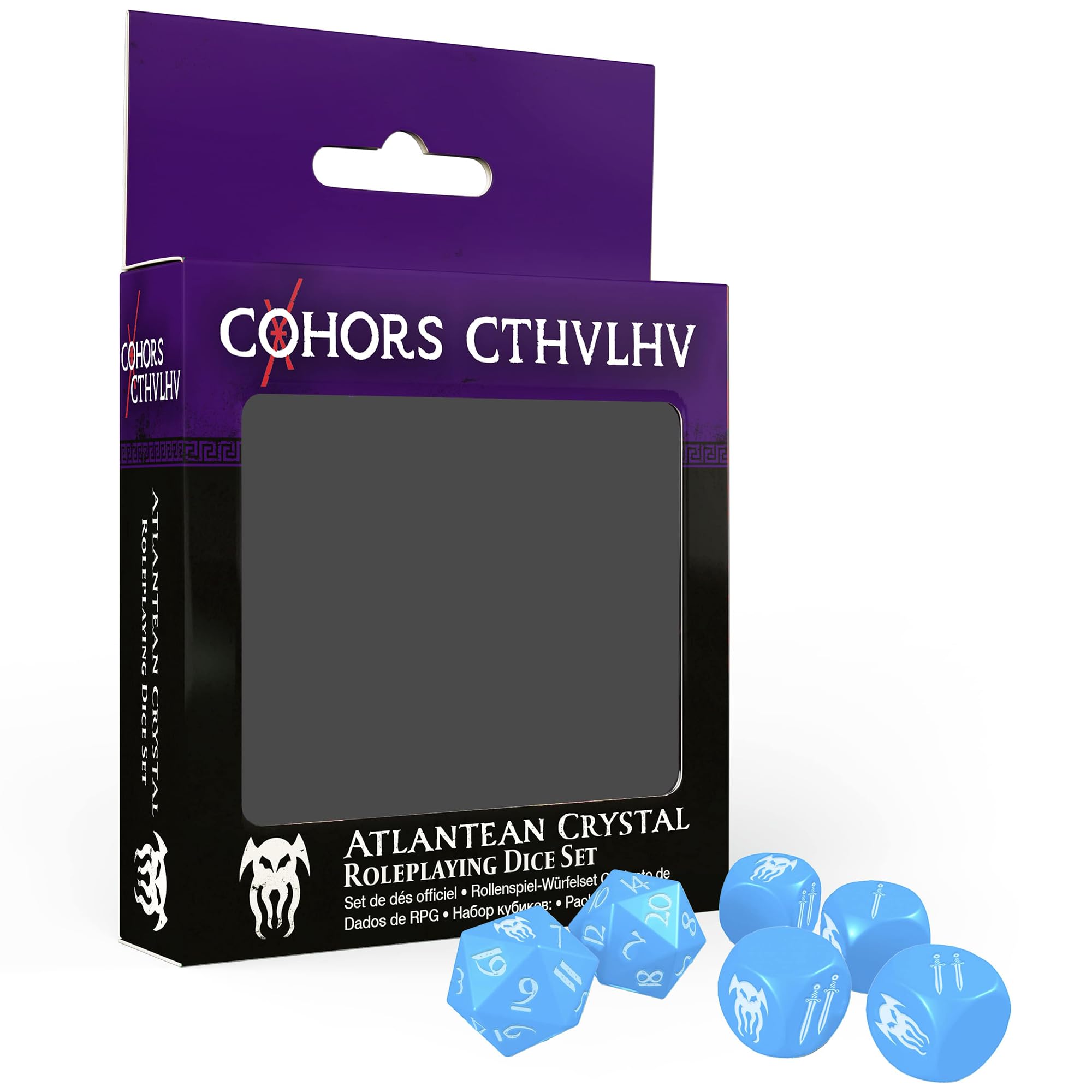Modiphius Entertainment: Cohors Cthulhu RPG: Atlantean Crystal Dice Pack - 6 Piece Set, Blue & White, 2X d20, 4X d6, Hidden War Emblems, Accessory