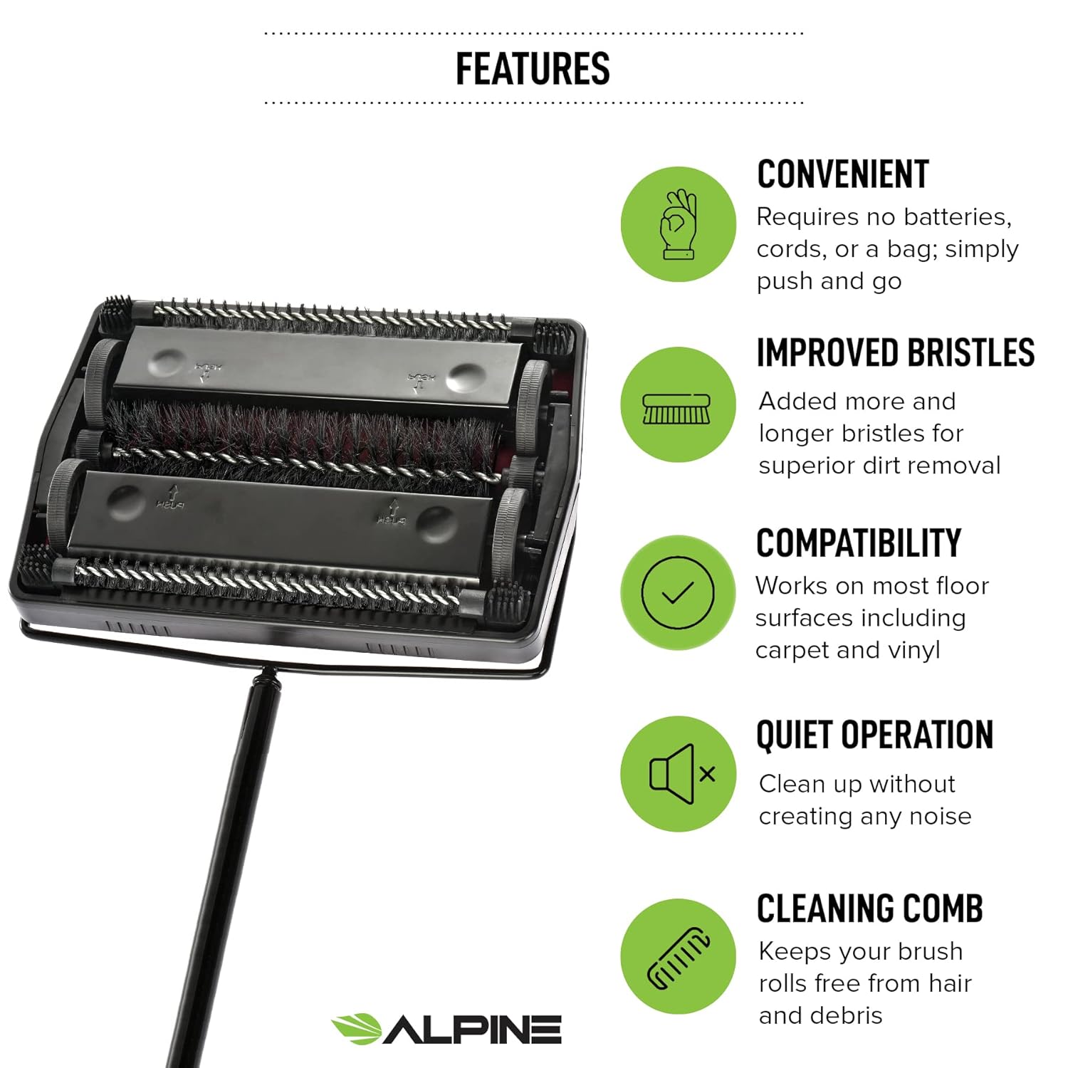 Alpine Industries Triple Brush Floor and Carpet Sweeper, Red