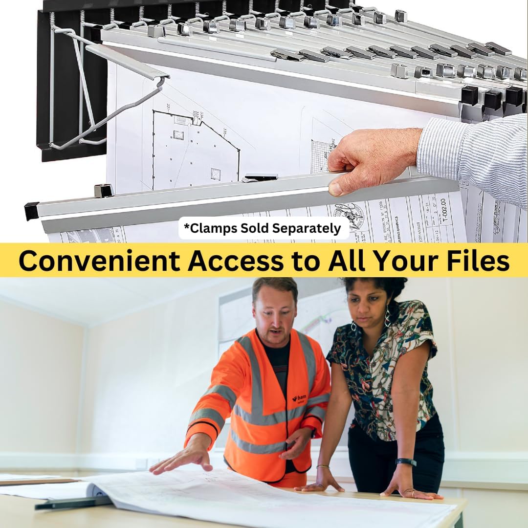 AdirOffice Black Steel Blueprint Large File Pivot Wall Rack with 30 inch Hanging Clamps