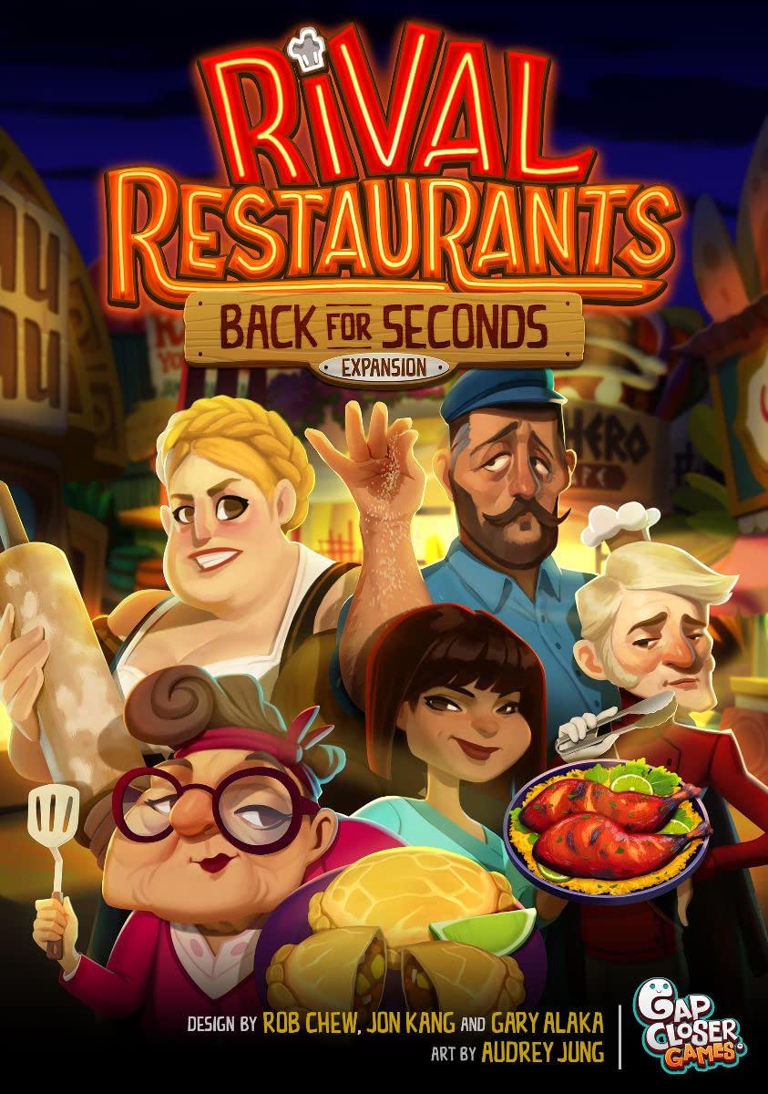Rival Restaurants: Back for Seconds Expansion by Gap Closer Games | Strategy Board Game | 2 to 6 Players | Ages 10+ | 45+ Minutes | Expansion with New Chefs, Additional Restaurants & Action Cards