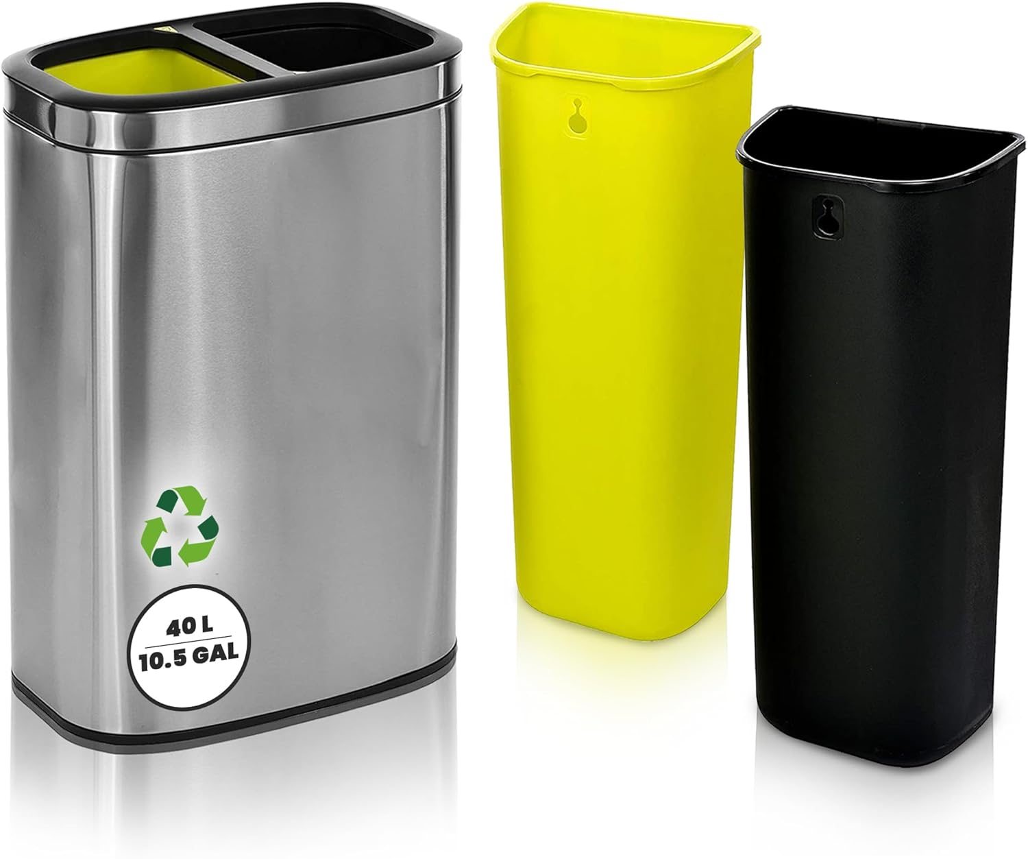 Alpine Industries 40 L / 10.5 Gal Stainless Steel Slim Open Trash Can Dual Compartment, Brushed Stainless Steel