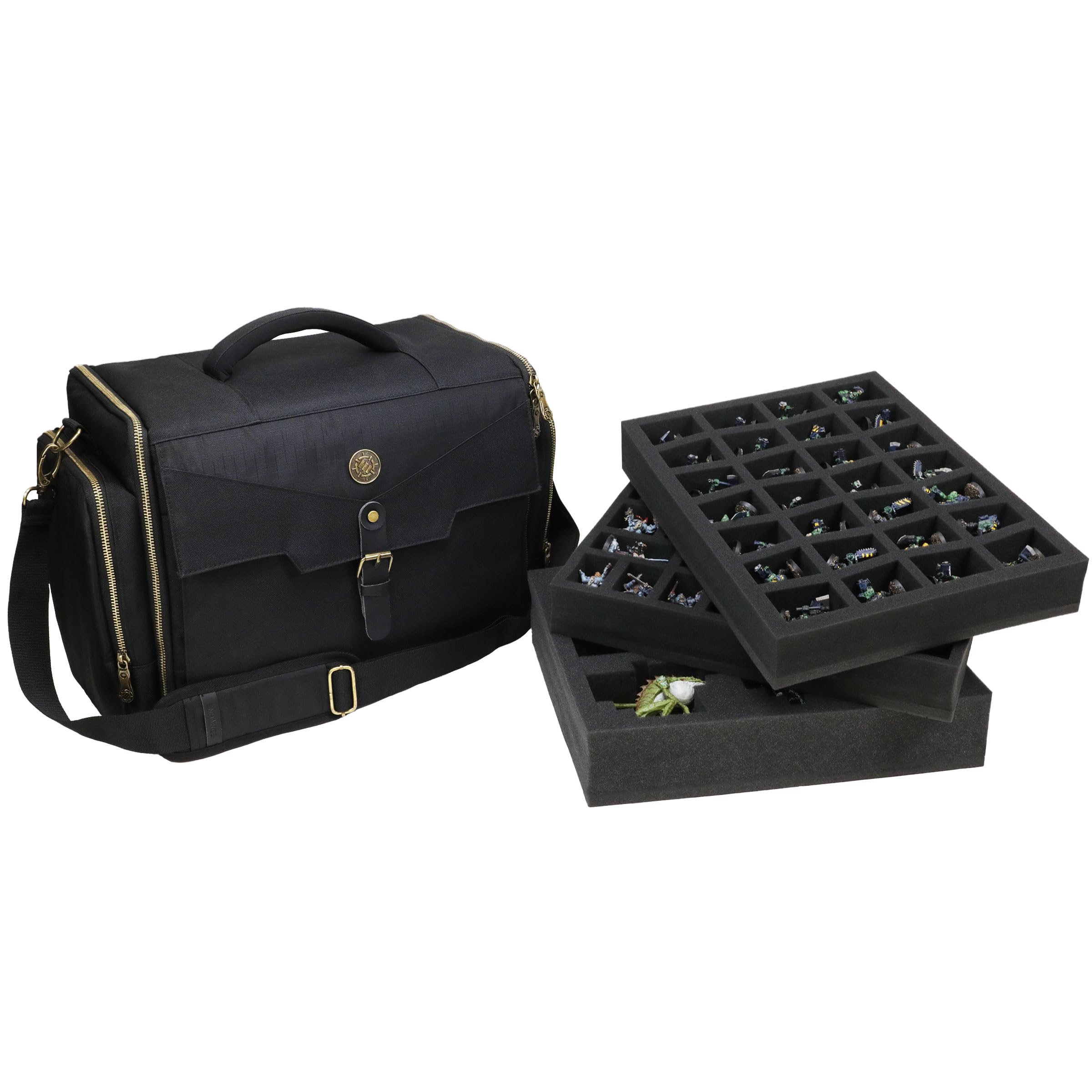 ENHANCE Wide Base Miniature Carrying Case - Mini Figure Storage fits 58 Minis & Pick & Pluck for Large Figures - Book Sleeve & 2 Accessory Pockets for Measuring Tape, Dice & More (Large - Wide Base)