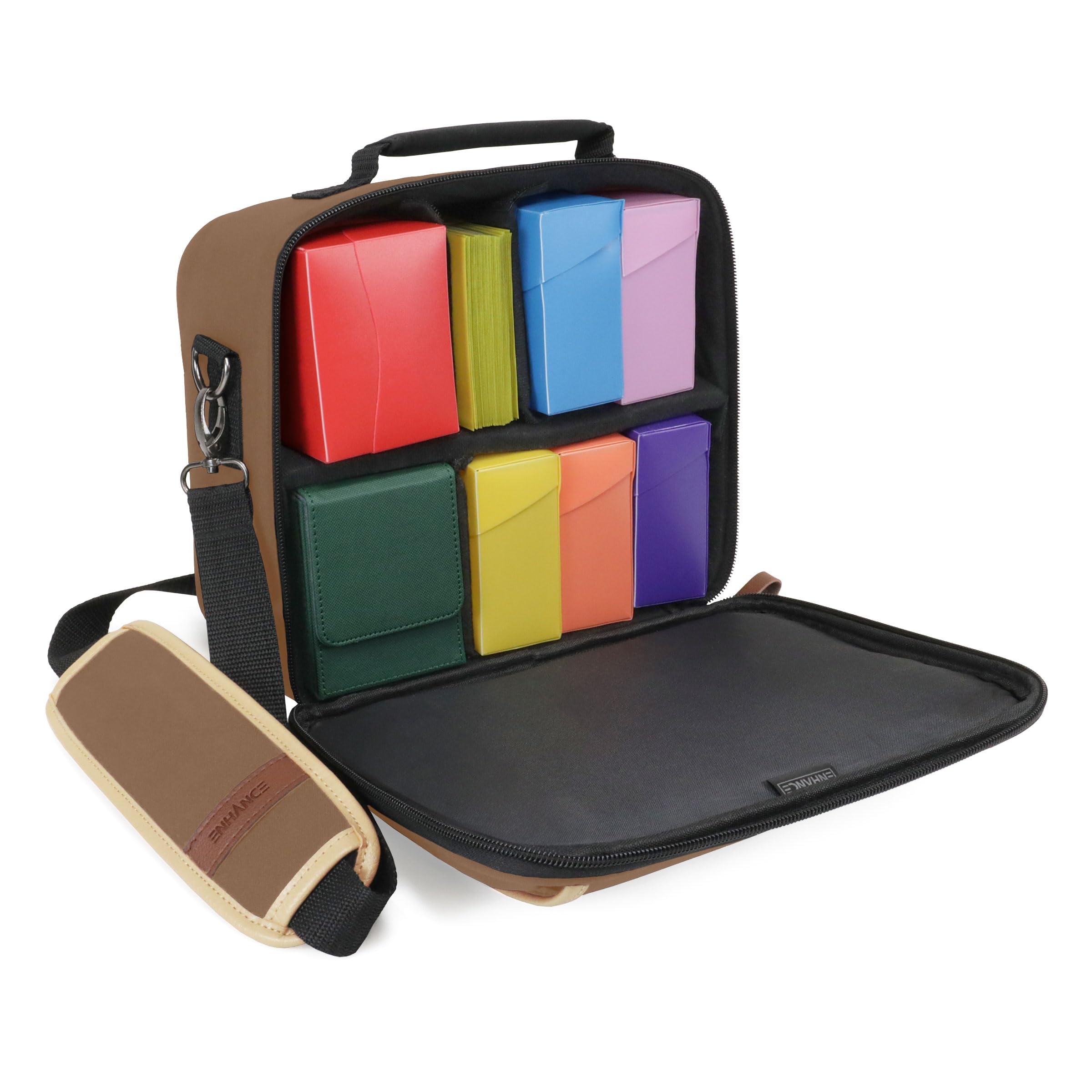 ENHANCE Designer Edition Compact MTG Bag Compatible with Magic the Gathering, Lorcana & more - Small Trading Card Bag with Customizable Interior & Shoulder Strap for Deck Boxes, Dice (Tan)