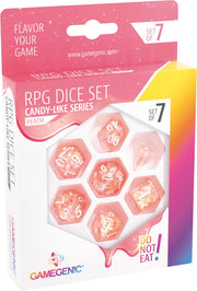 Candy-Like Series RPG Dice Set | Set of 7 Dice in a Variety of Sizes Designed for Roleplaying Games | Premium Quality Resin Dice with Beautiful Glitter Flakes | Peach Color | Made by Gamegenic