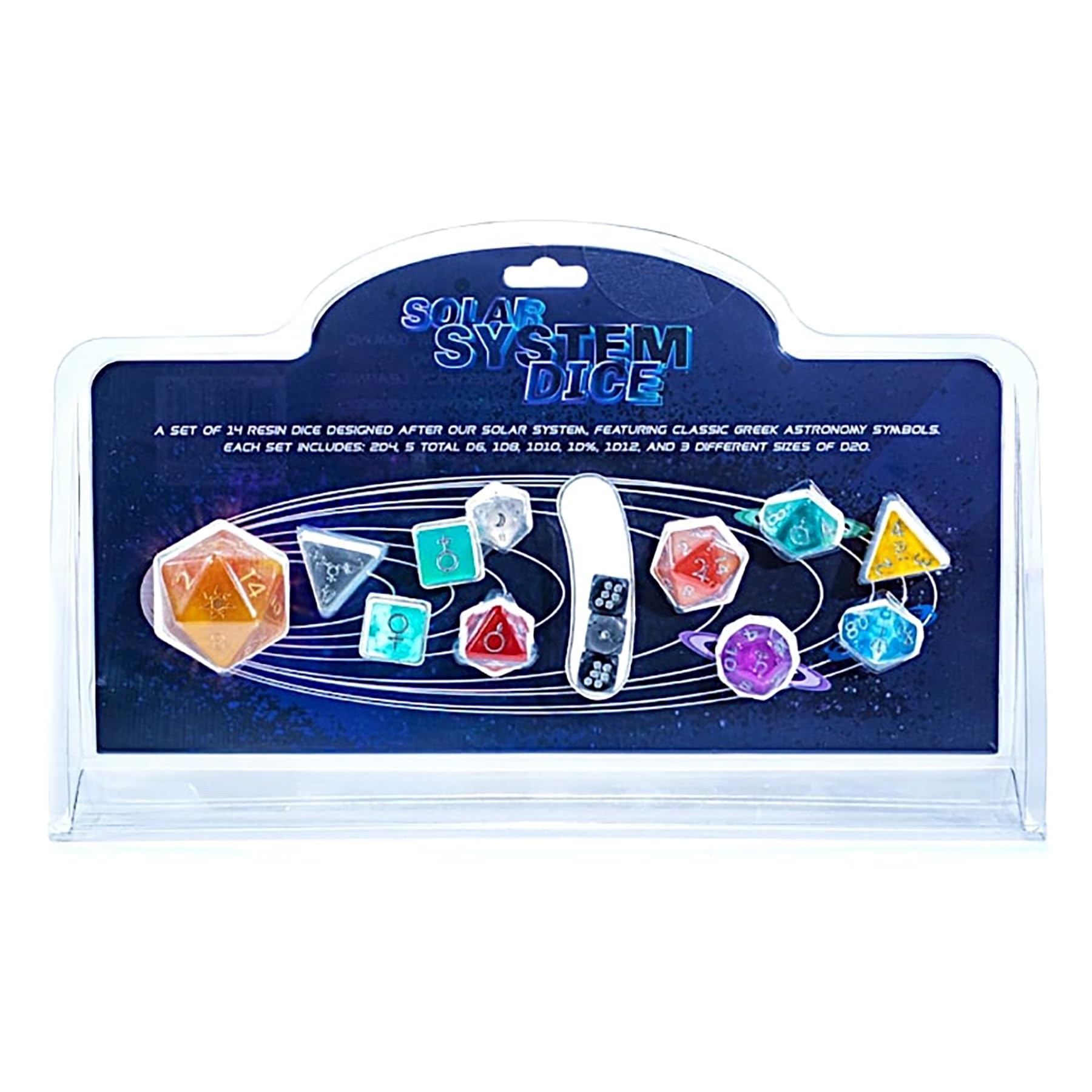 Gate Keeper Games & Dice: Solar System Dice - 14pc RPG Resin Set, Unique Die for Each Planet Or Solar System Object, Greek-Medieval Astronomy Symbols