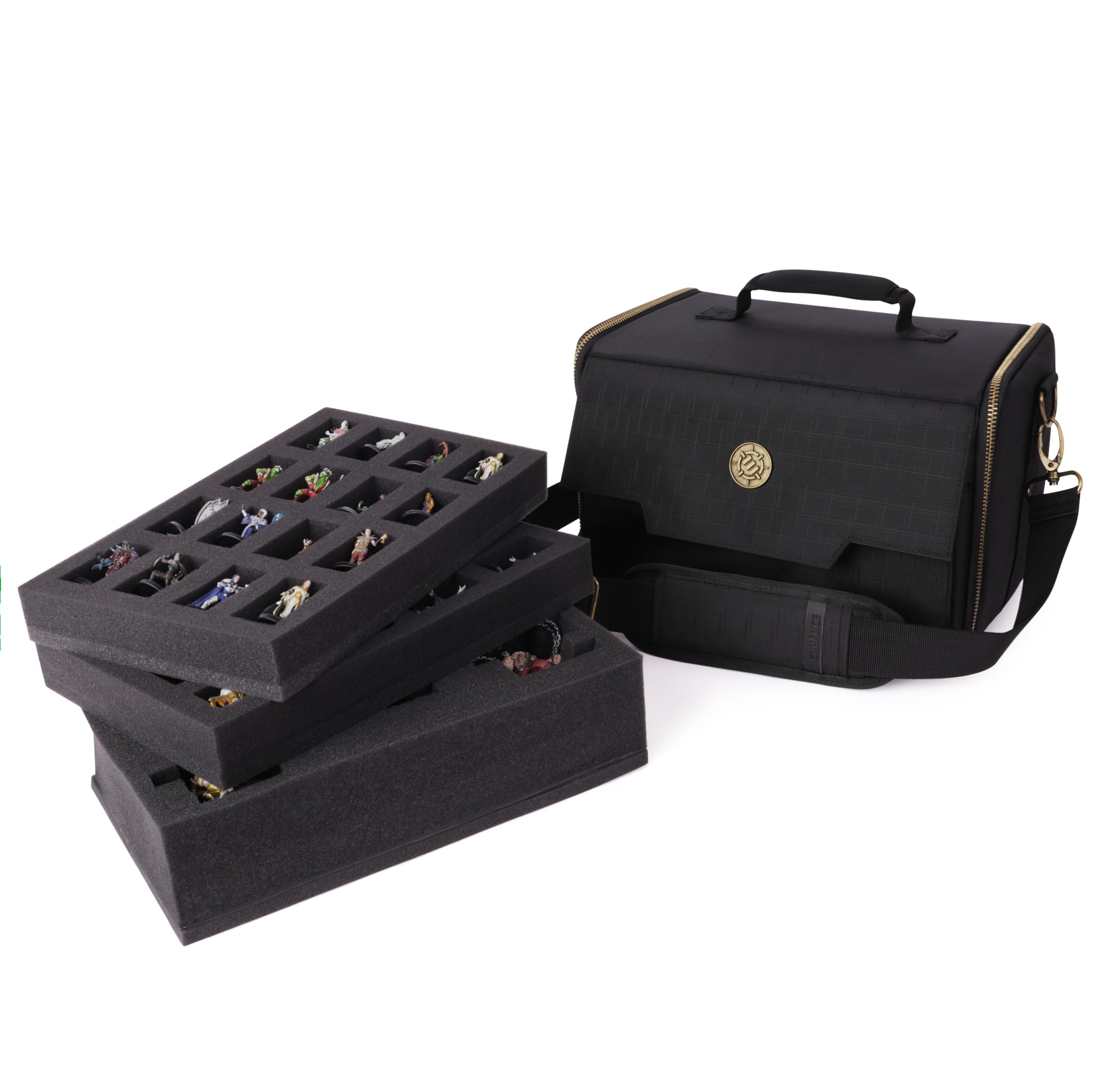 ENHANCE Miniature Figure Satchel - Compact Storage & Carrying Case for DnD Miniatures with Strap, 3 Foam Trays (2 Pre-Cut and 1 Pick & Pluck Tray) - Fits 20mm to 25mm Figures (Small - Standard Base)