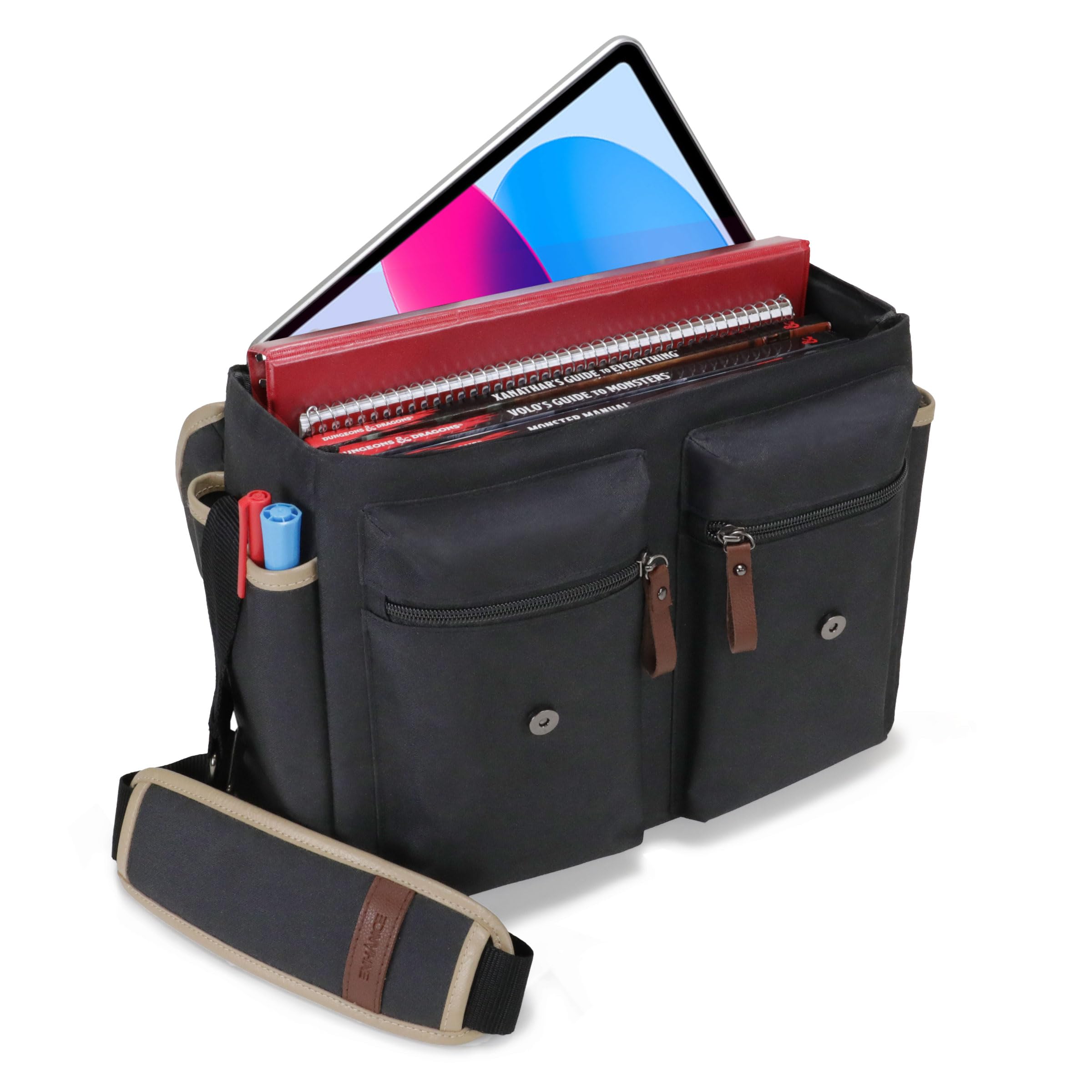 ENHANCE Designer Edition DnD Bag - Stylish RPG Player's Dungeons and Dragons Messenger Bag Fits Player's Handbook, Binders, Dice & Accessories with Tablet Sleeve and Side Pockets (Black)