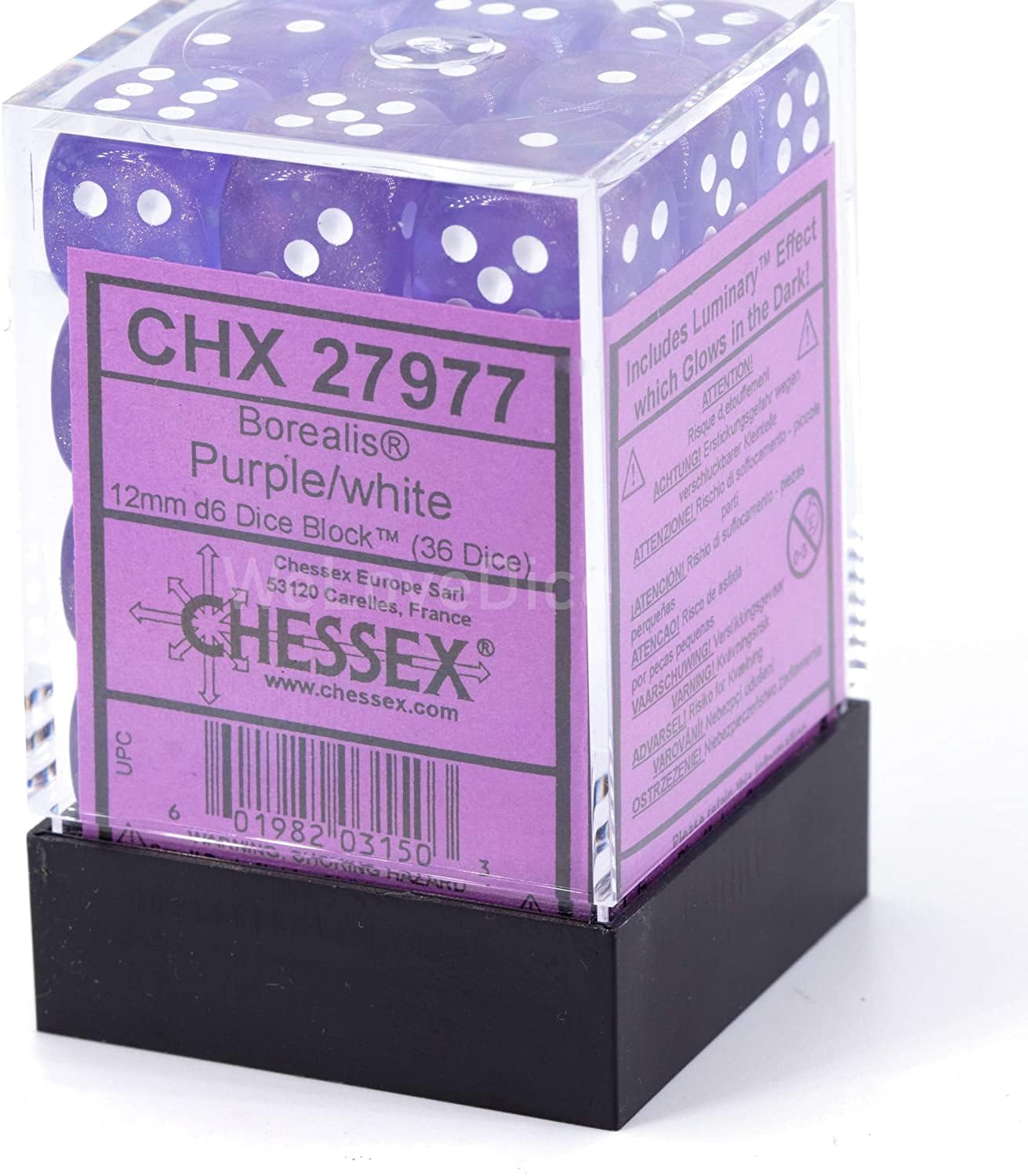 Borealis 12mm d6 Purple/White Luminary Dice Block (36 dice) by Chessex