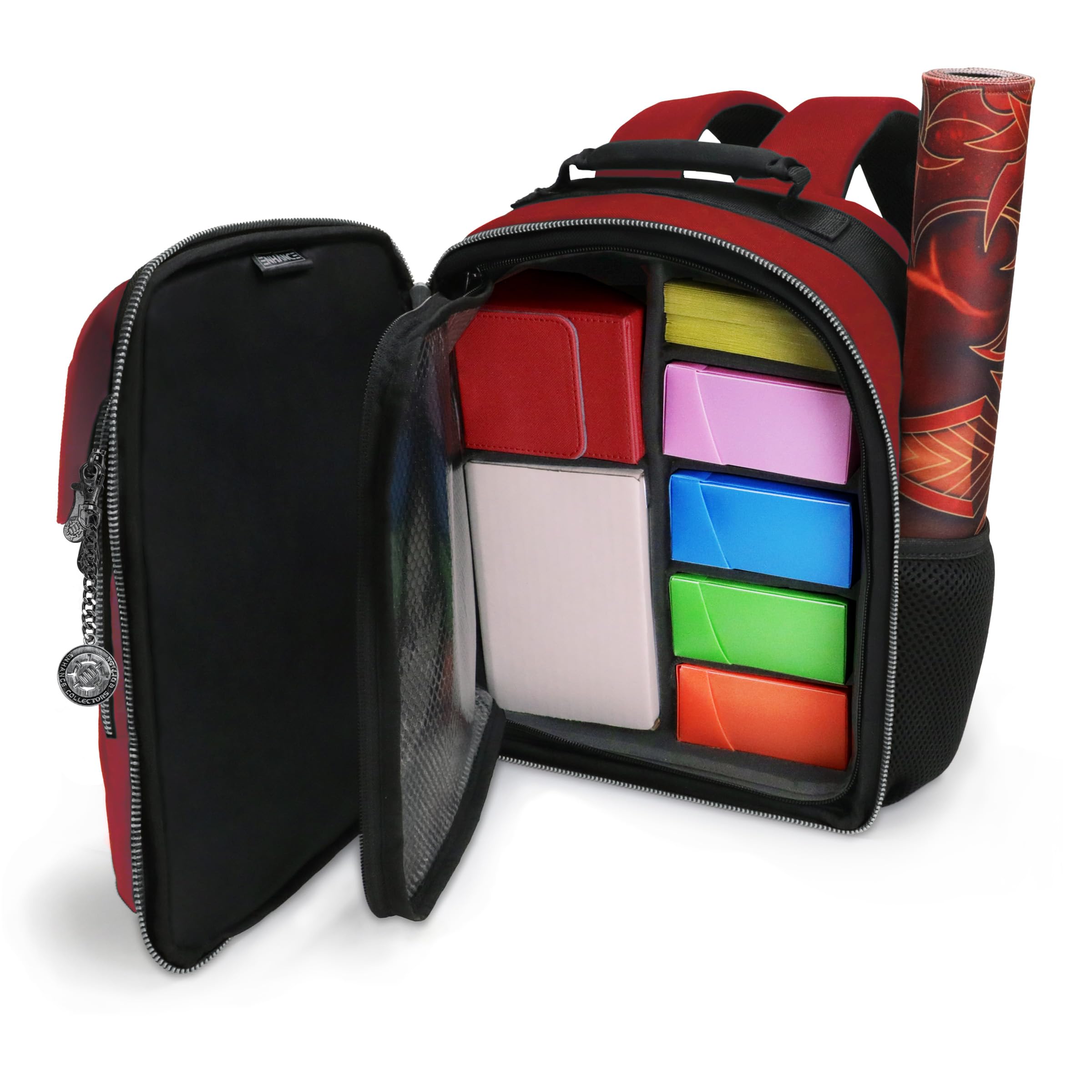 ENHANCE Collector's Edition Small Card Backpack - Card Defender Screen, Storage for Dice Bag, Deck Boxes - TCG Backpack with Playmat Holder, Compatible with Magic the Gathering & more (Dragon Red)