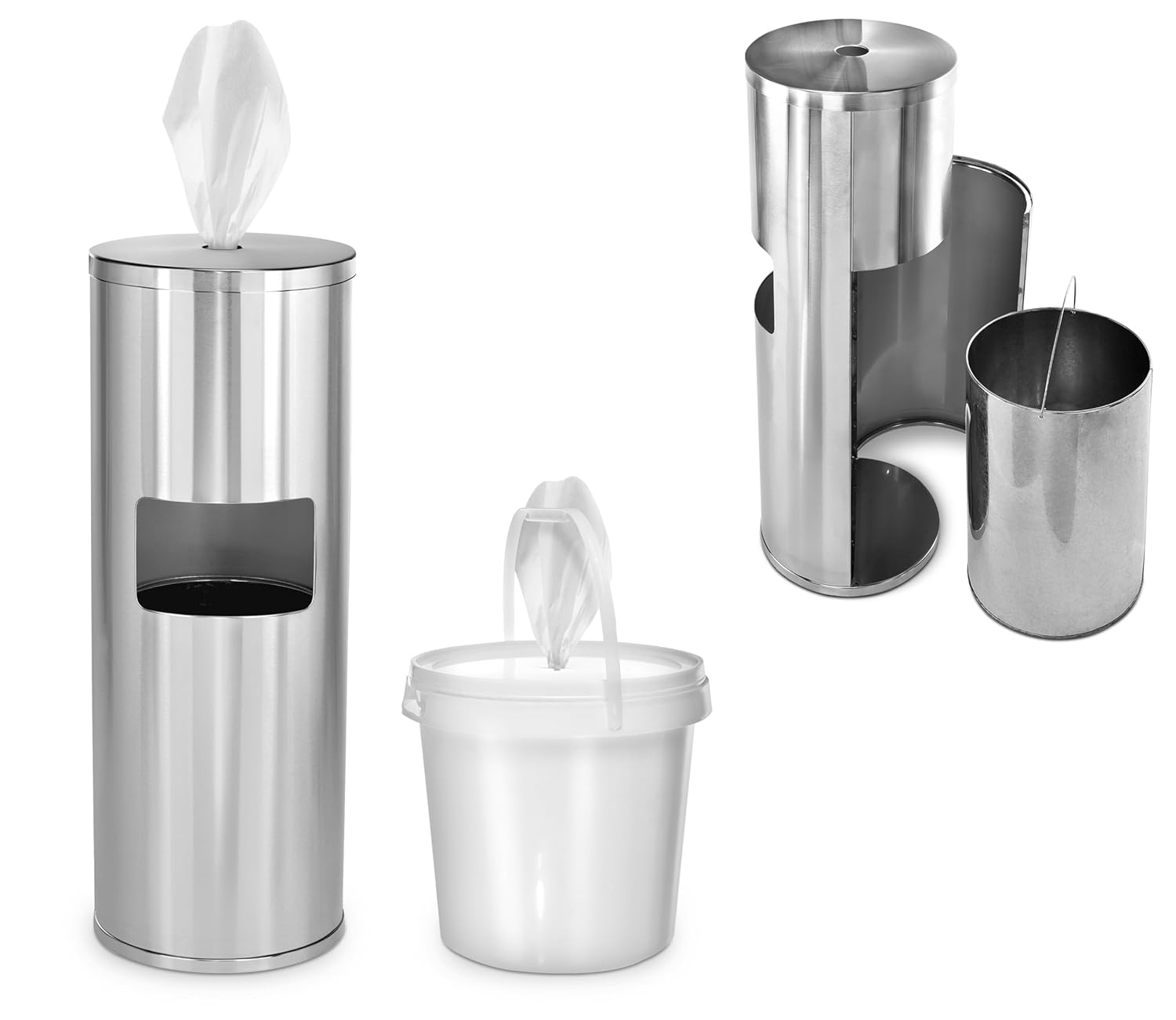 Floor Stand Wipe Dispenser, with High Capacity Built-in Trash Can, Stainless Steel