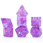 Gate Keeper Games and Dice: Inclusion Dice: Rock Candy - 7pc RPG Set, Purple Mylar w/ Violet Resin & Hot Pink Numerals, 7 Dice for Role Playing Games