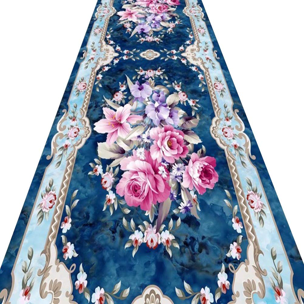 AOMRUN Floral Hallway Mat, Non-Slip Entrance Mat, Kitchen Hallway Porch Mat, Blue, Vintage (Colour: Multi-Colored, Size: 0.8x3m)
